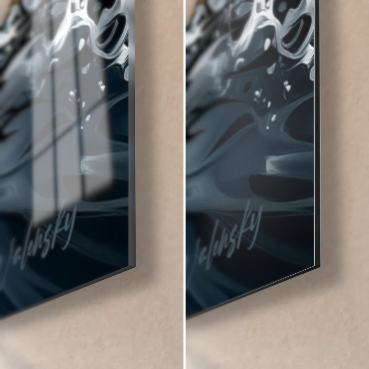 Wall art grey and gold shark, bottom right corner: glossy acrylic glass on the left, matte Dibond aluminium on the right, 3 mm edge visible