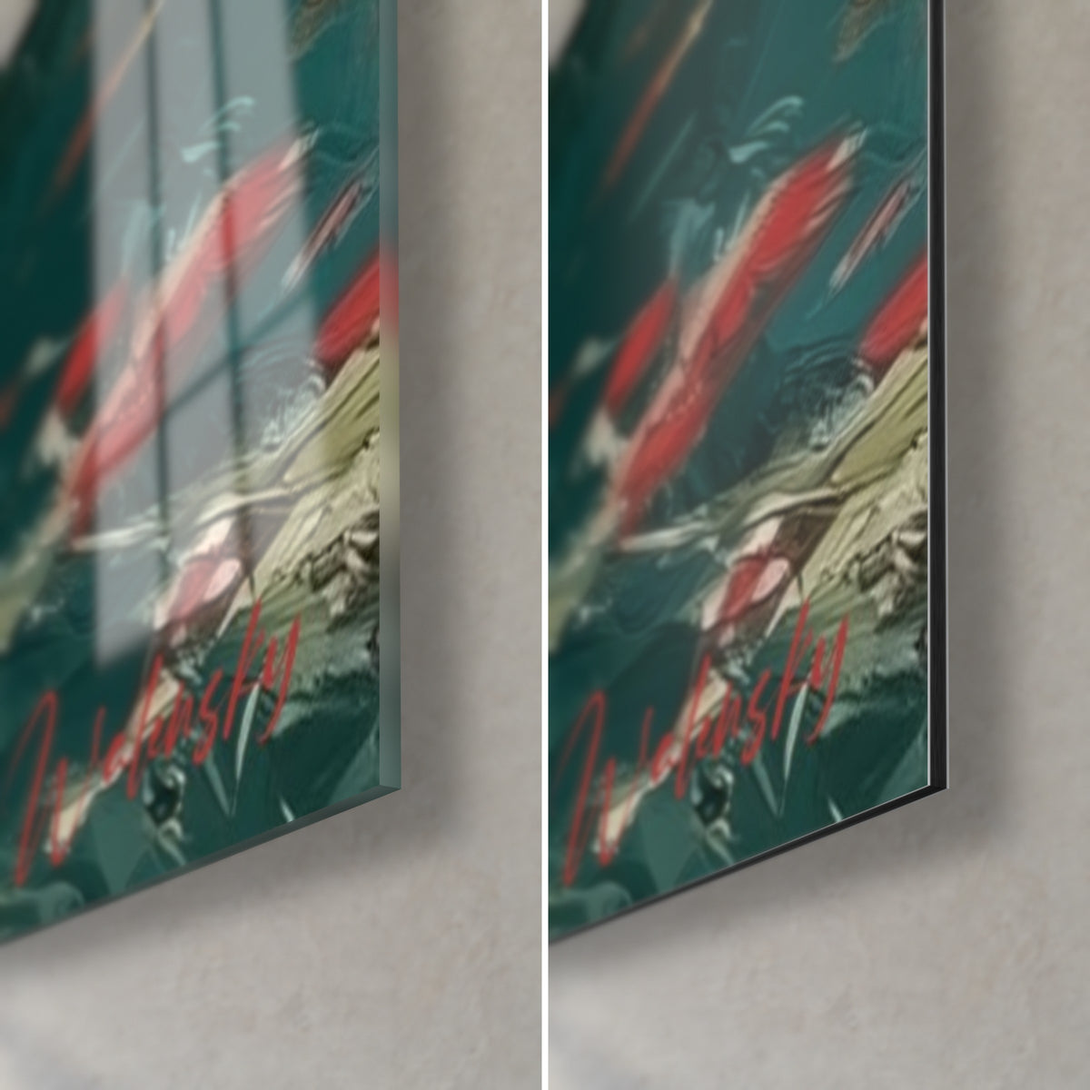 Gemälde Hai in Elfenbein und Türkis in Spachteltechnik, untere rechte Ecke: glänzendes Acrylglas mit Reflexen, mattes schwarzes Dibond, 3 mm Kante