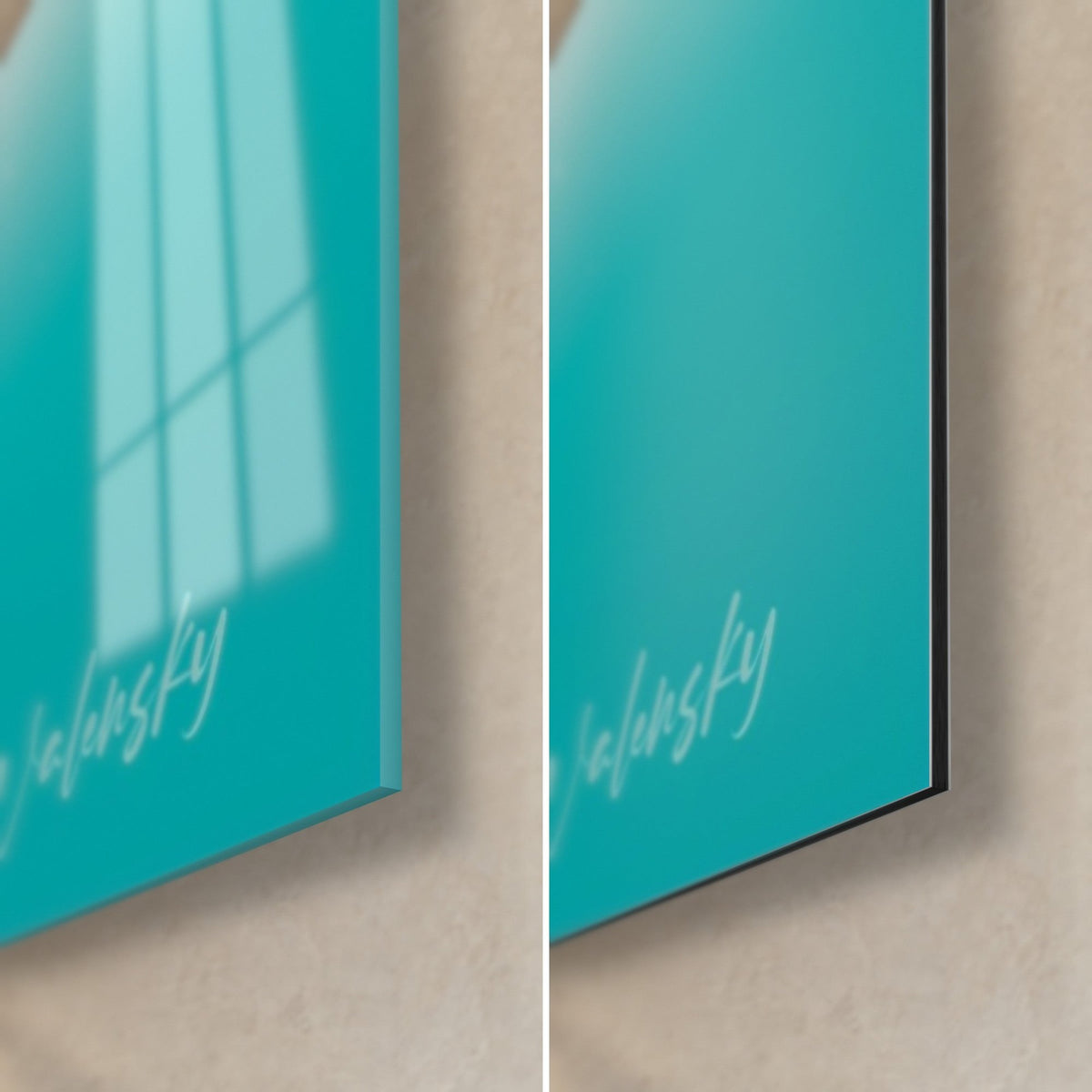 Schilderij mariene roofdier, rechtsonder hoek van glanzend turquoise glas en mat Dibond, zwarte rand van 3 mm, Walensky-handtekening