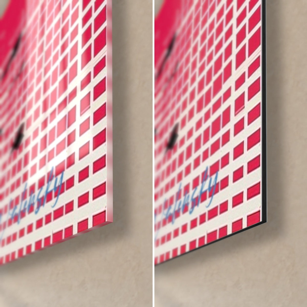 Gemälde Hai im Siebdruck, untere rechte Ecke: rosa und weiße Rasterung, glänzendes Acrylglas links, mattschwarzes Dibond rechts