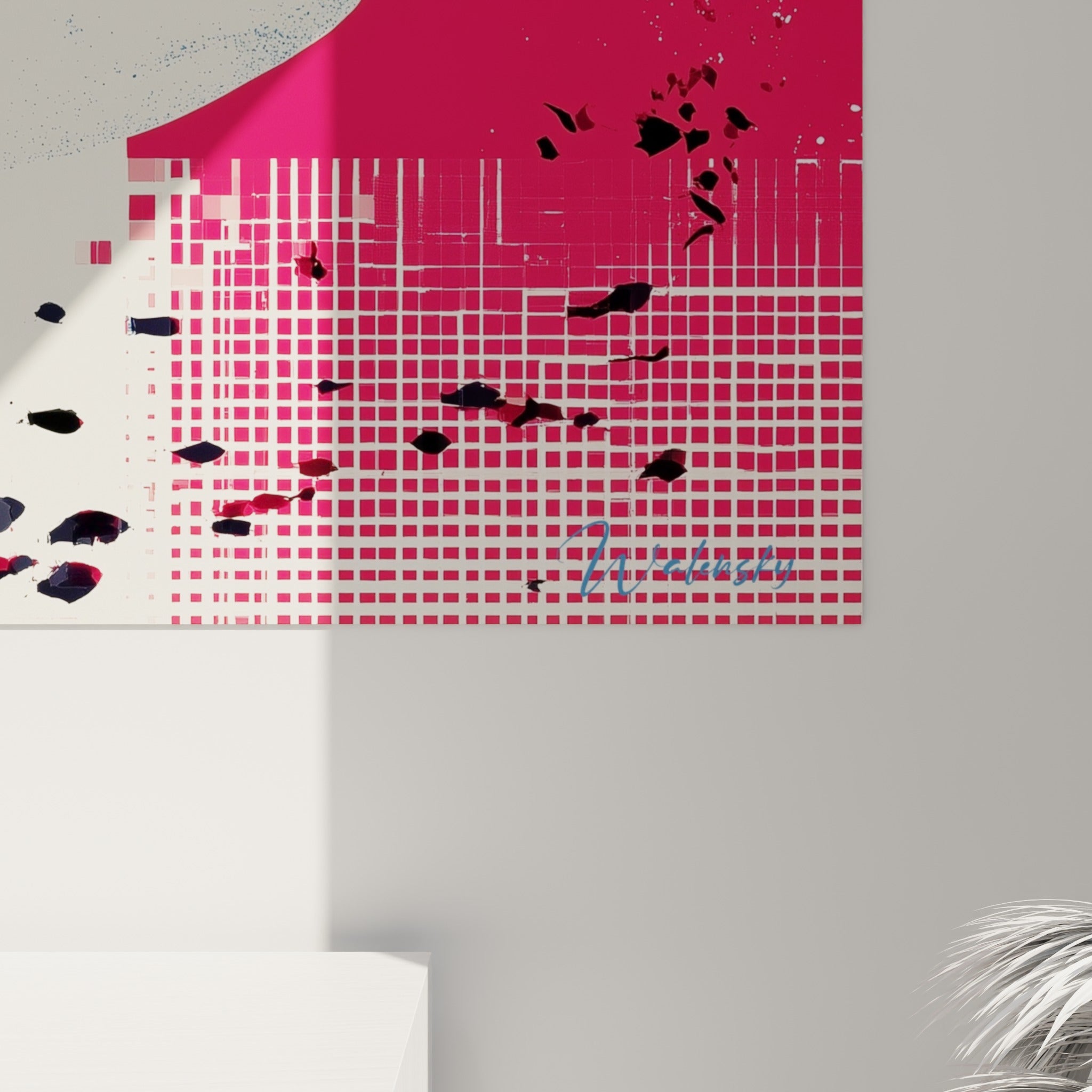 Grain pictural du requin révélant textures granuleuses en noir, blanc et rose fuchsia rapprochés