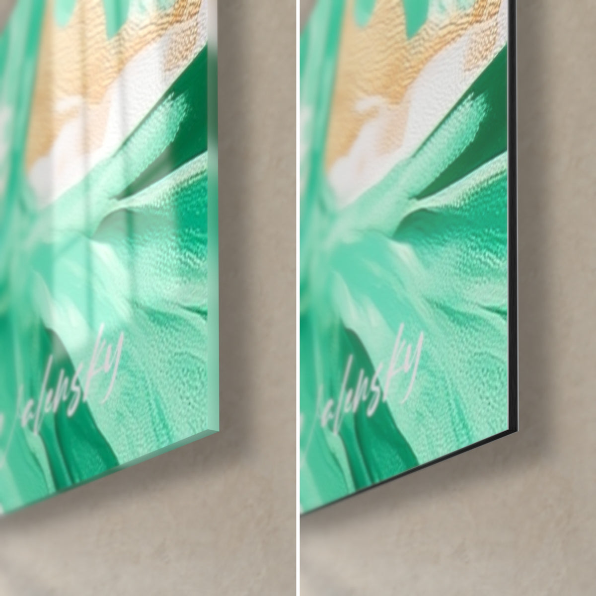 Gemälde Hai in Grün und Gold, untere rechte Ecke: glänzendes Acrylglas links, mattes schwarzes Dibond rechts, 3 mm Kante