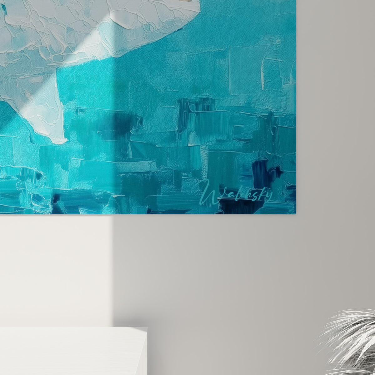 Détail des empâtements bleu turquoise et blanc cassé formant la peau texturée du requin peint