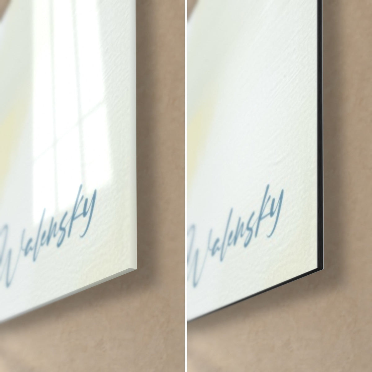 Quadro di squalo blu e giallo, in basso a destra: firma Walensky azzurrata, vetro lucido con riflessi, alluminio Dibond opaco, spessore 3 mm