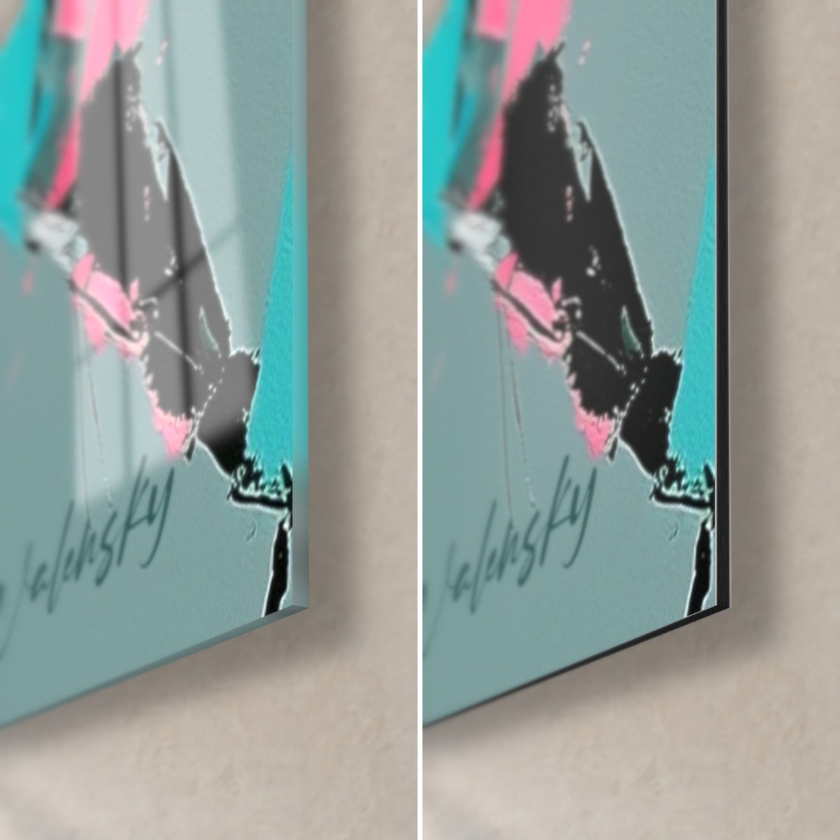 Tableau requin rose et turquoise, coin bas droit : verre acrylique brillant à gauche, Dibond noir mat à droite, signature Walensky