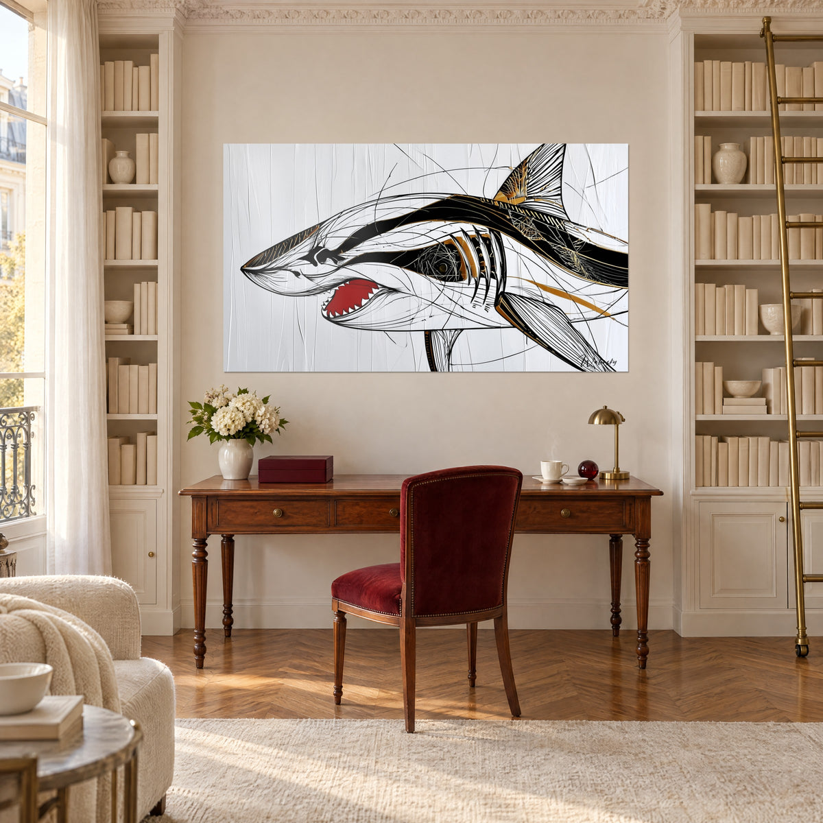 Tableau requin graphique en lignes noires et ors, mâchoire rouge vif, mur crème d'un bureau entre deux bibliothèques et un secrétaire en bois