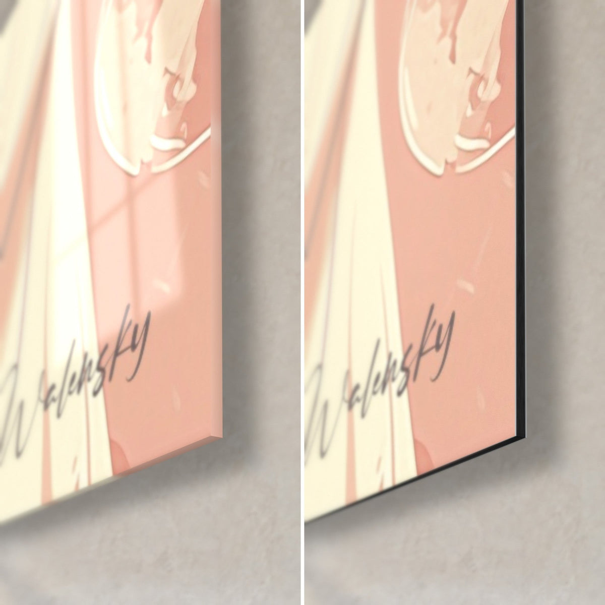 Gemälde Hai mit elfenbeinfarbenen Zähnen, unten rechts blassrosa und cremefarbene Ecke, glänzendes Acrylglas links, mattes Dibond rechts