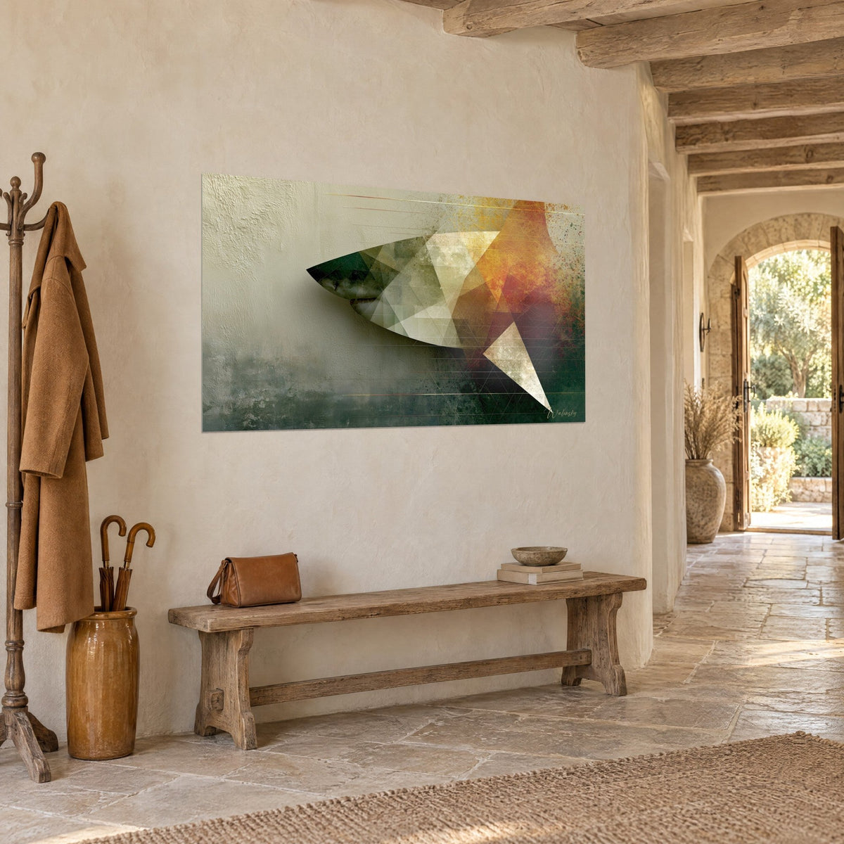 Wall art faceted shark in green and saffron triangles, cracked wall backdrop, three-quarter view in a stone hallway