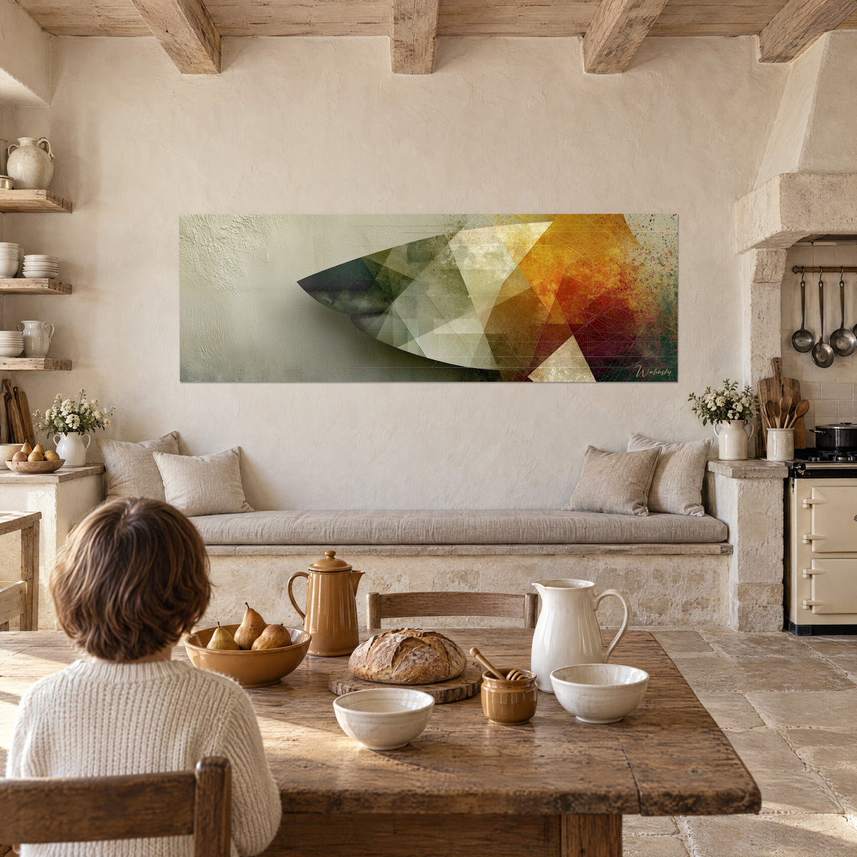 Wall art sea predator in geometric sage, ochre and burgundy planes, dominating the dining room, child seated with their back turned