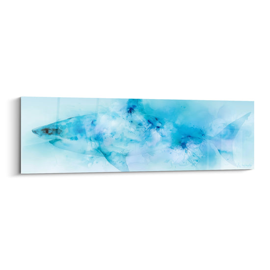 Tableau Requin turquoise et blanc aux nuages d'aquarelle - Œil sombre isolé - Edition Requin
