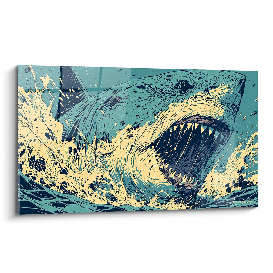 Tableau Requin bondissant gueule ouverte turquoise et crème - Attaque surgie des flots - Edition Requin