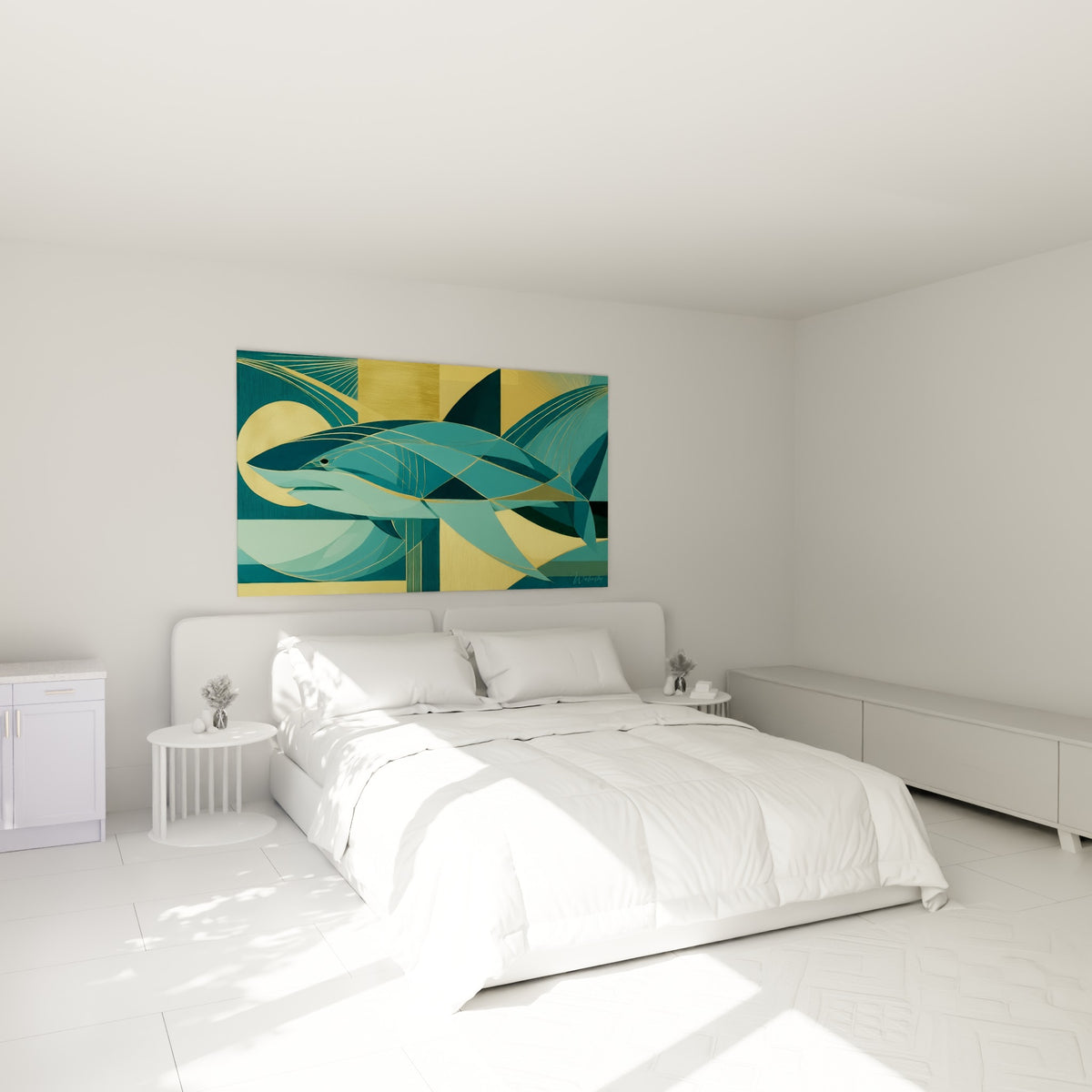 Requin turquoise et doré aux lignes graphiques épurées, au-dessus d'un lit dans une chambre claire