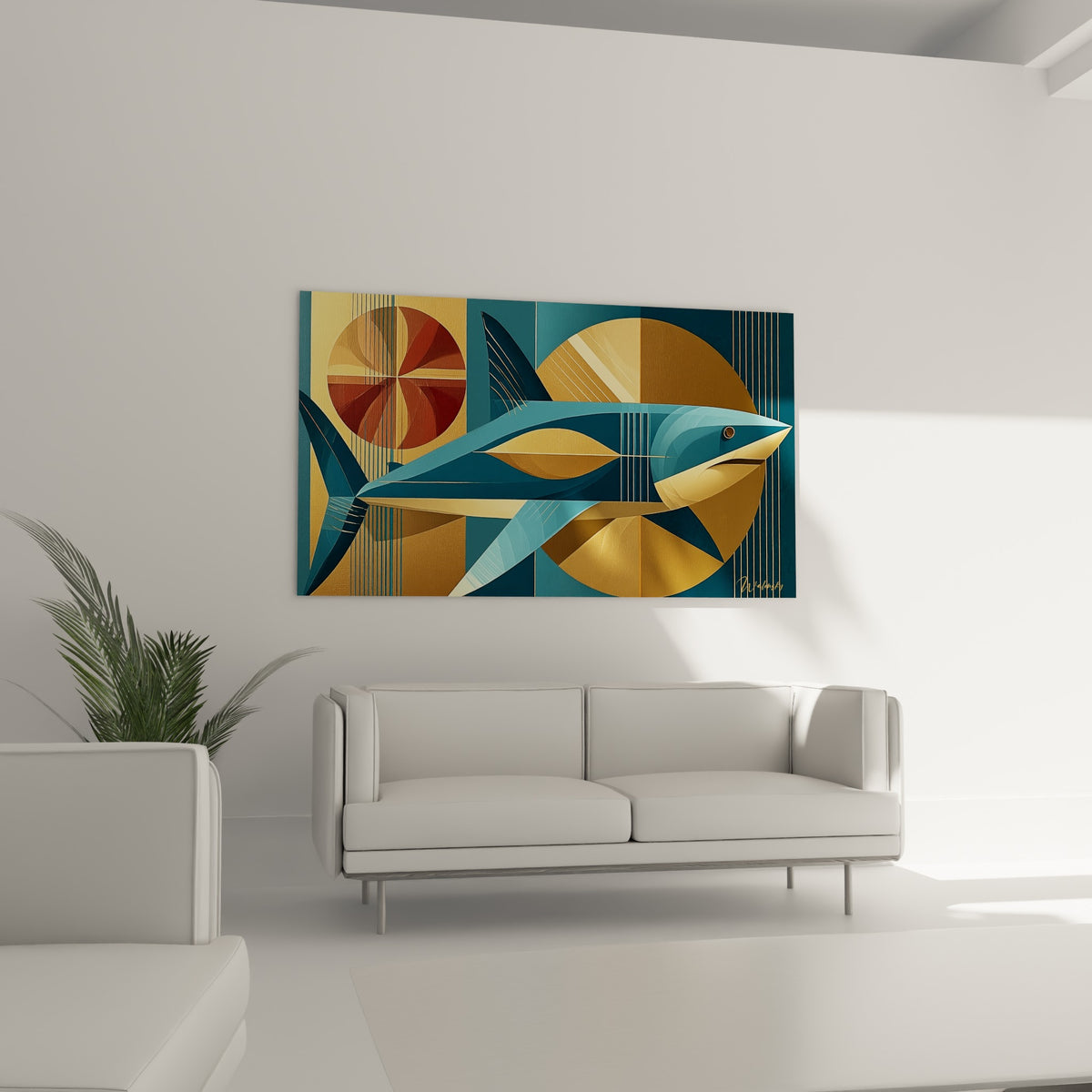 Requin turquoise et or à composition géométrique disposé au-dessus d'un canapé dans un salon lumineux