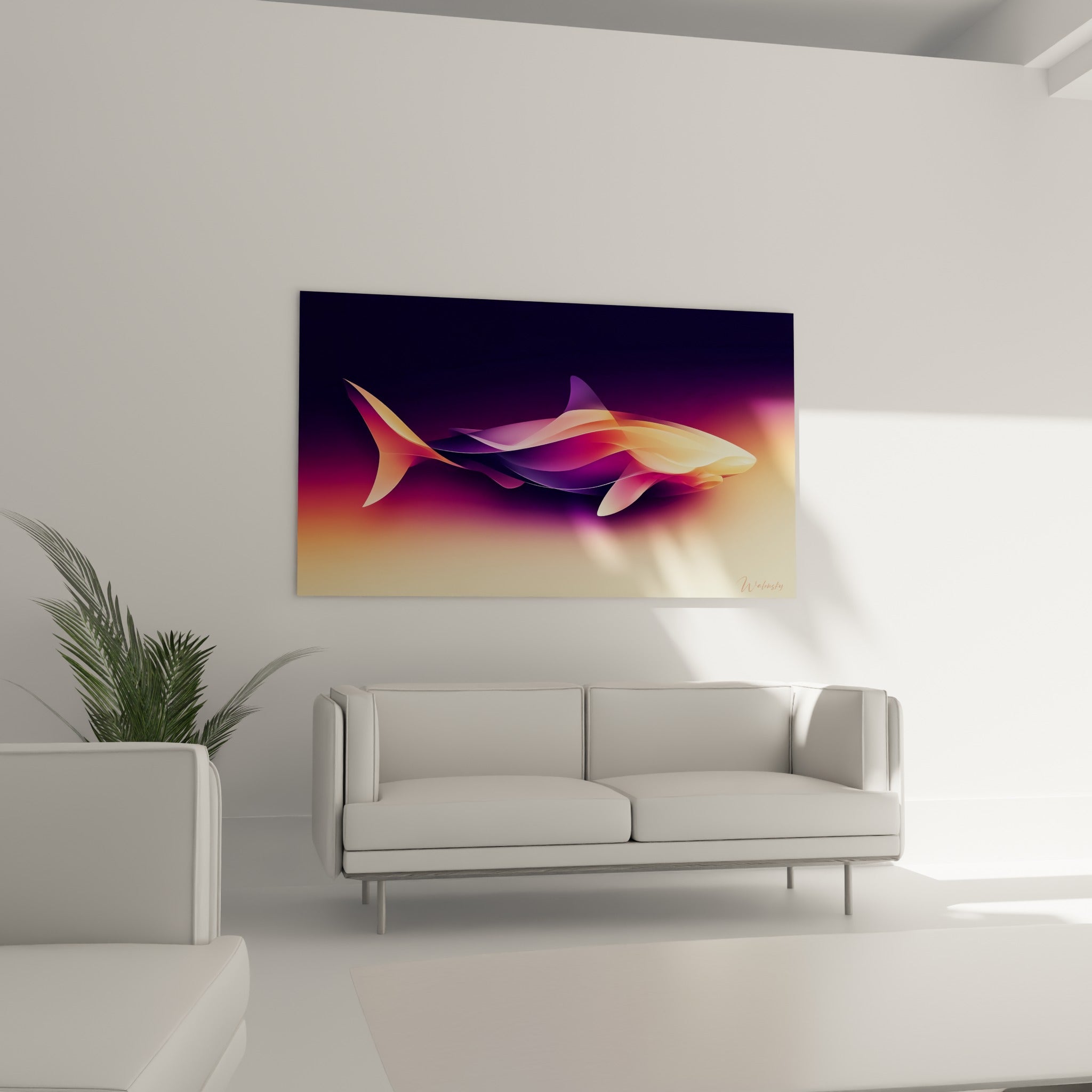 Formes fluides du requin pourpre et ambré au-dessus d'un canapé dans un salon lumineux