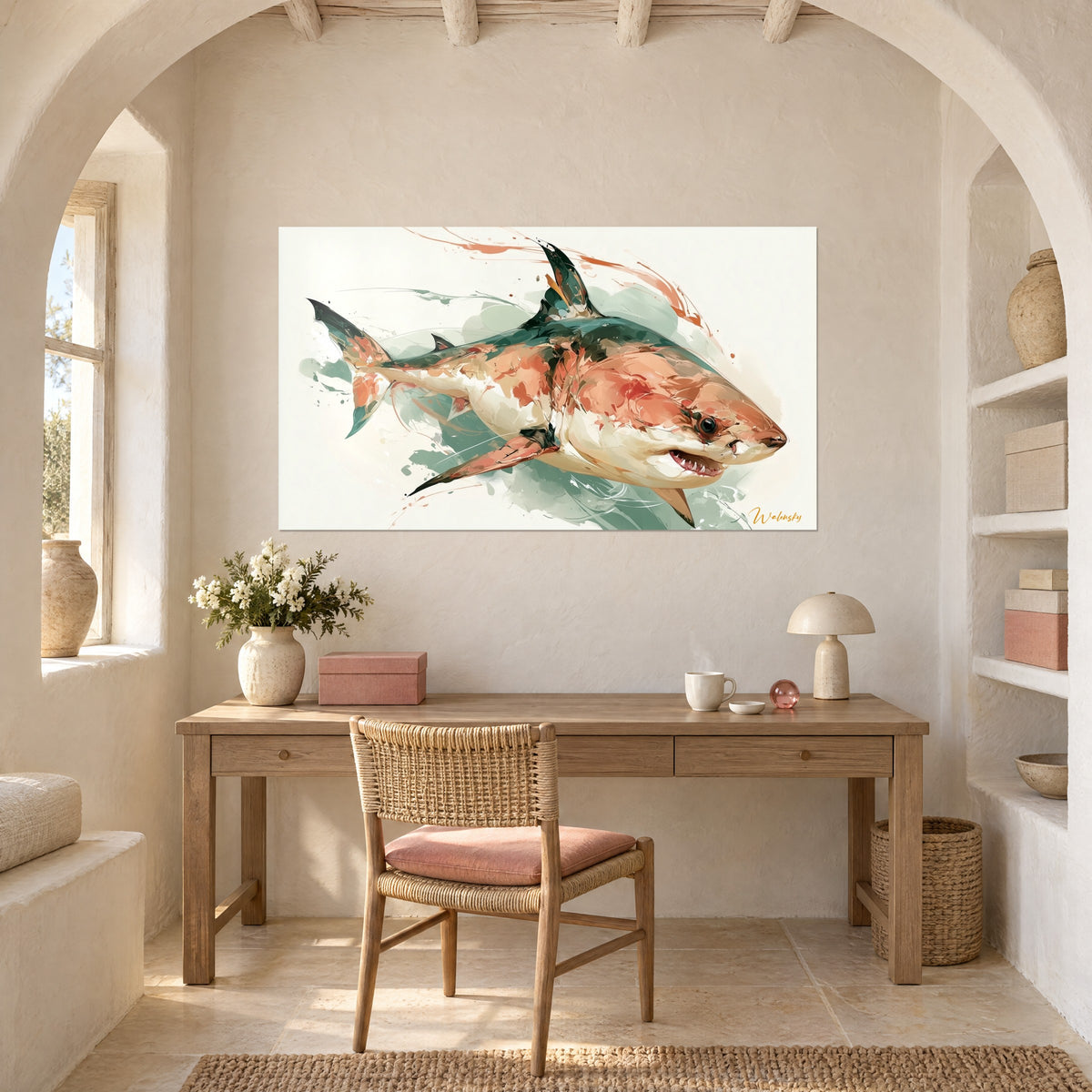 Tableau poisson aux nageoires effilées vert sauge et rose saumon, signature Walensky orange, au-dessus d'un bureau en bois clair