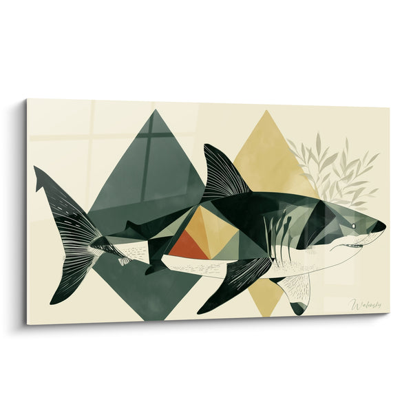 Tableau Requin vert anthracite et ocre géométrique - Silhouette marine graphique - Edition Requin