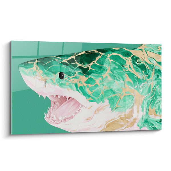 Tableau Requin gueule ouverte vert et doré - Fureur océanique - Edition Requin