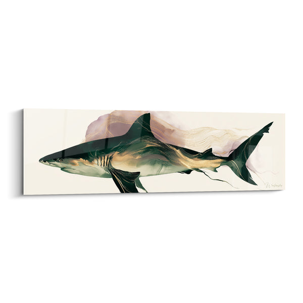 Tableau Requin vert sombre et doré aux lignes filantes - Nuage mauve en arrière-plan - Edition Requin