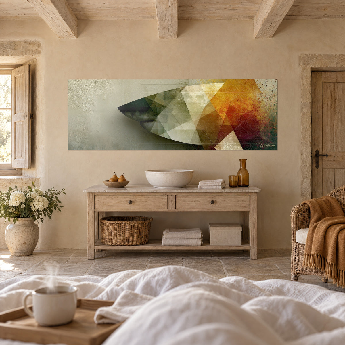 Wall art shark jaw in deep green and copper-orange triangles, facing a bed with white linen in a bright bedroom