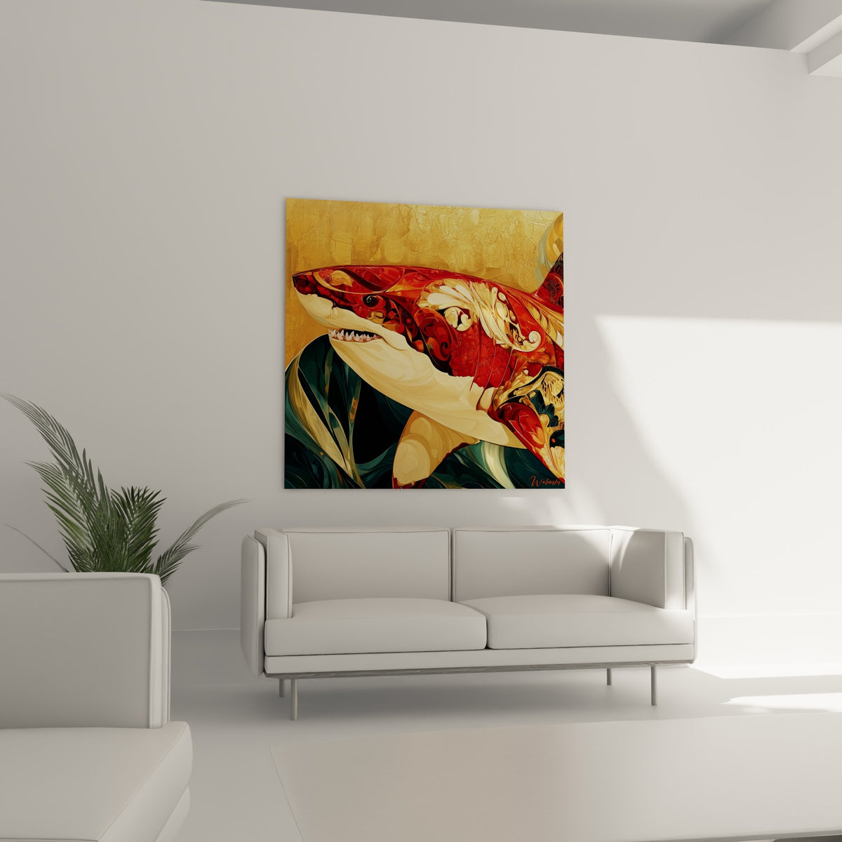 Requin baroque aux teintes or et vert profond, dents visibles, suspendu au-dessus d'un canapé dans un salon lumineux