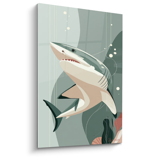 Tableau Requin vert sauge et corail illustré - Ascension silencieuse - Edition Requin