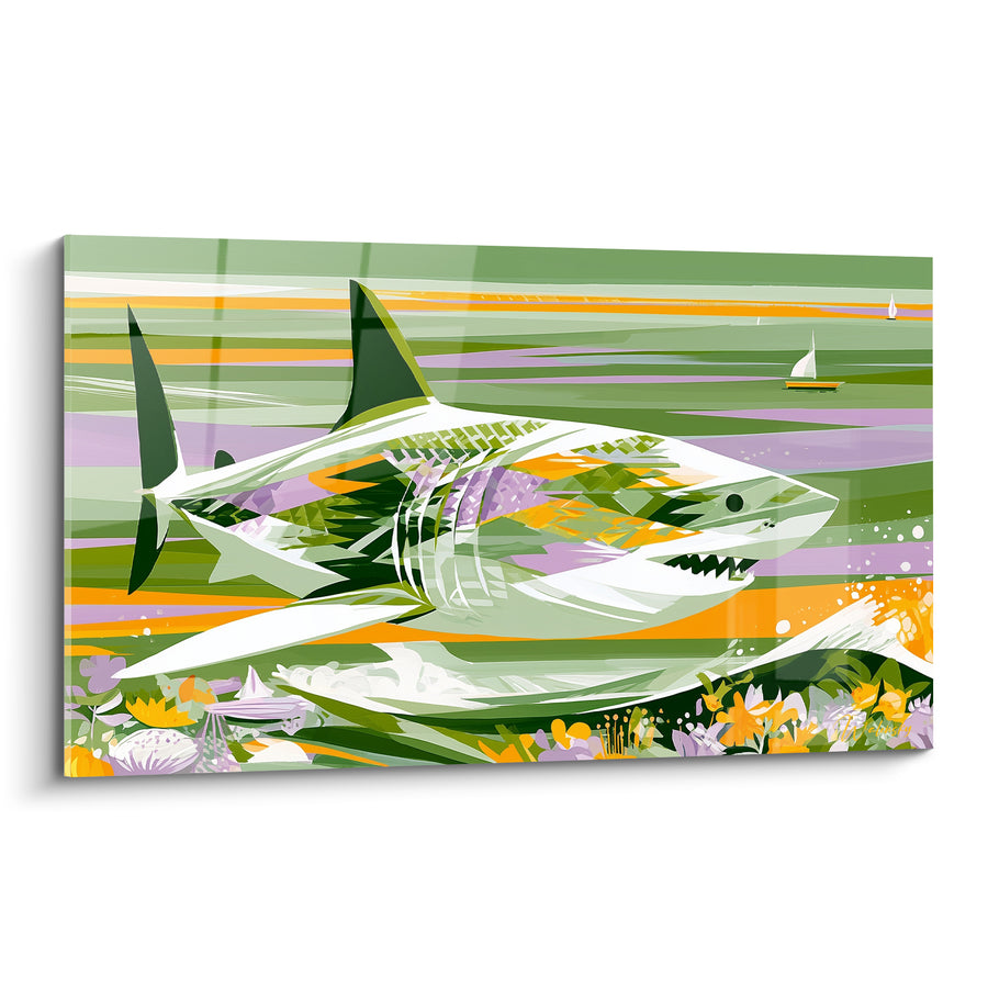 Tableau Requin blanc à motifs verts et mauves - Mirage marin fleuri - Edition Requin