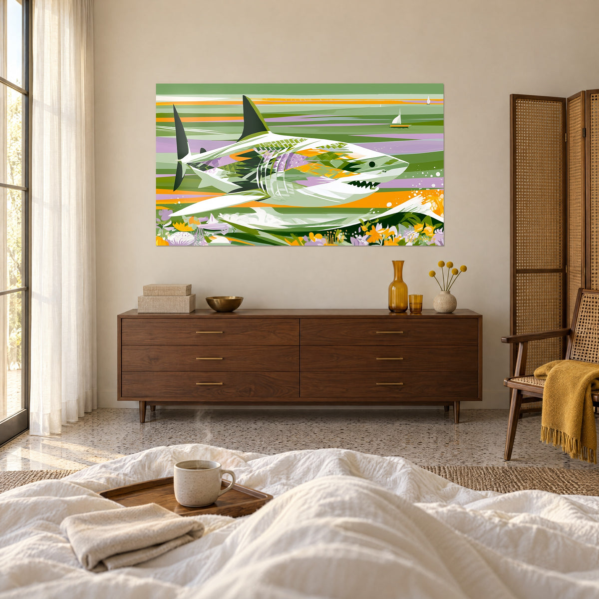 Tableau prédateur des mers aux ailerons vert foncé et bandes orange sur fond vert, au-dessus d'un lit dans une chambre claire