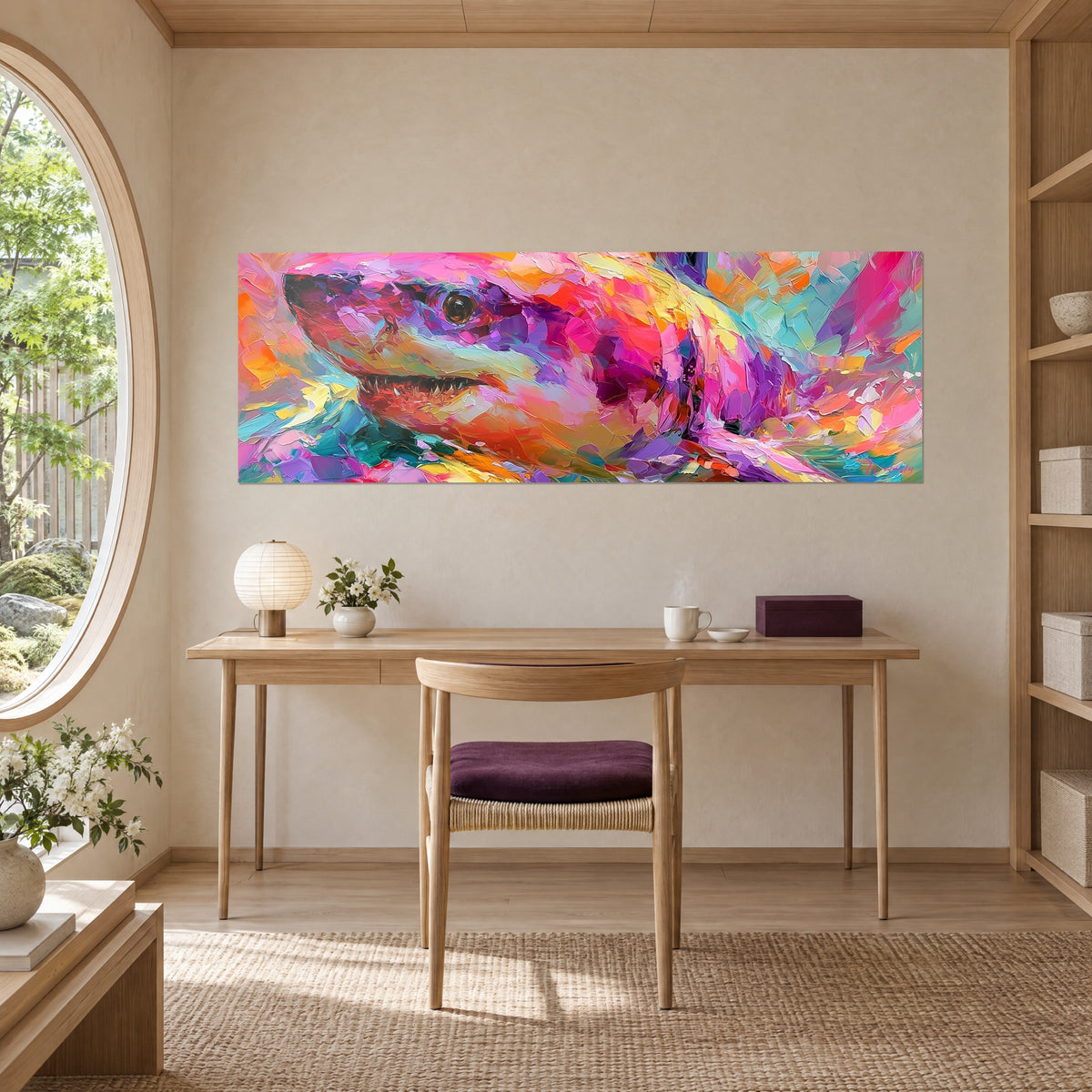 Gemälde Fisch mit scharfen Zähnen in violetten und korallenfarbenen Flächen, über einem Schreibtisch aus hellem Holz neben einem Rundfenster