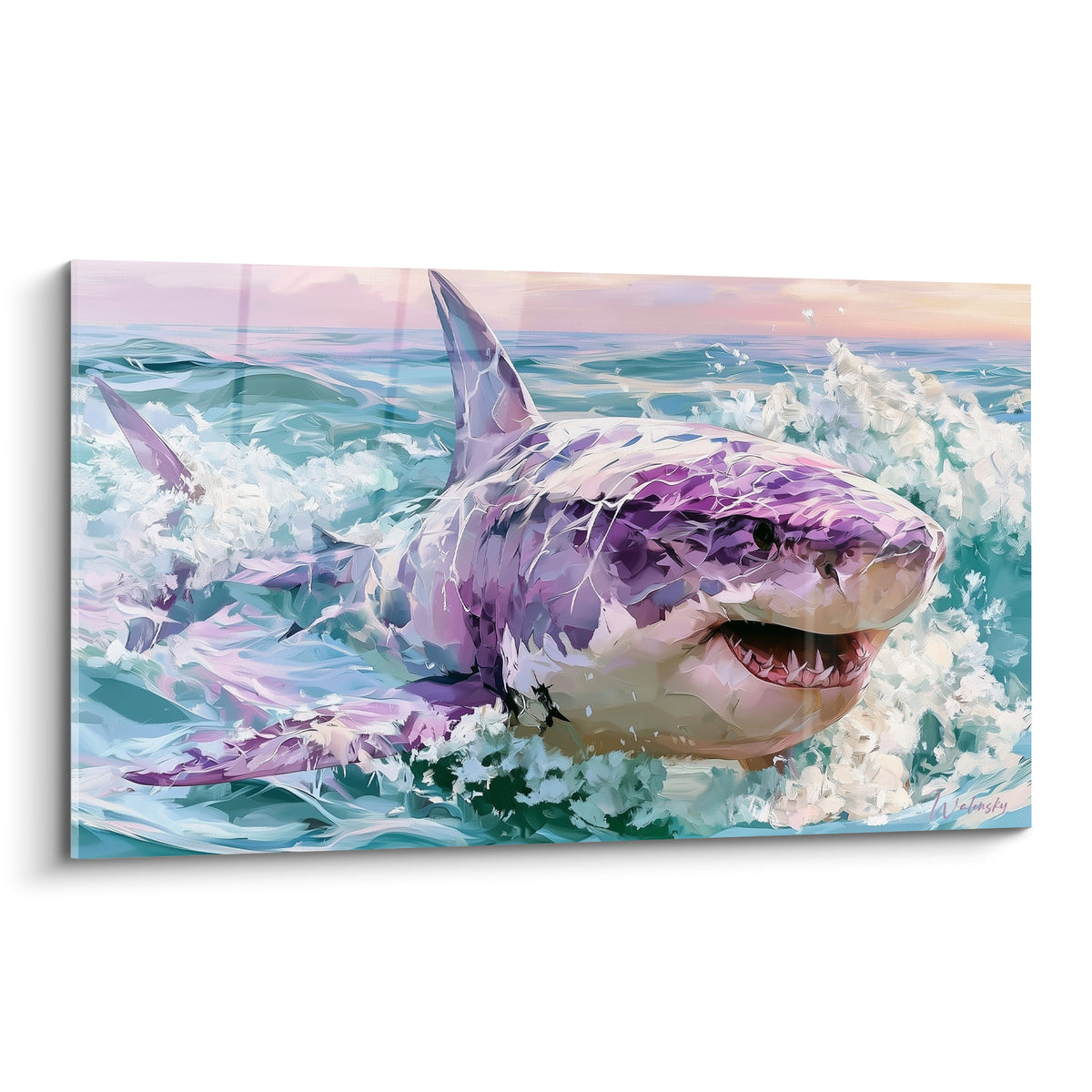 Requin violet et turquoise surgissant des vagues, gueule ouverte, dents blanches visibles, peinture stylisée