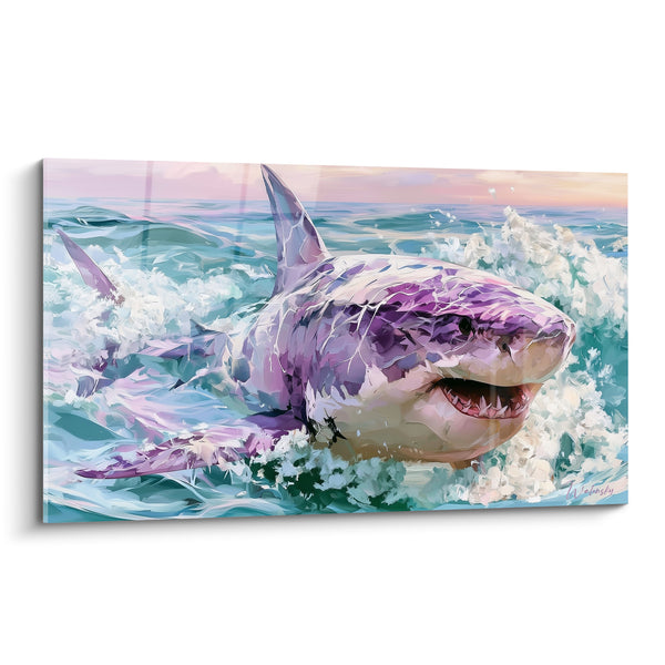 Tableau Requin violet surgissant des vagues turquoise - Surgissement marin - Edition Requin