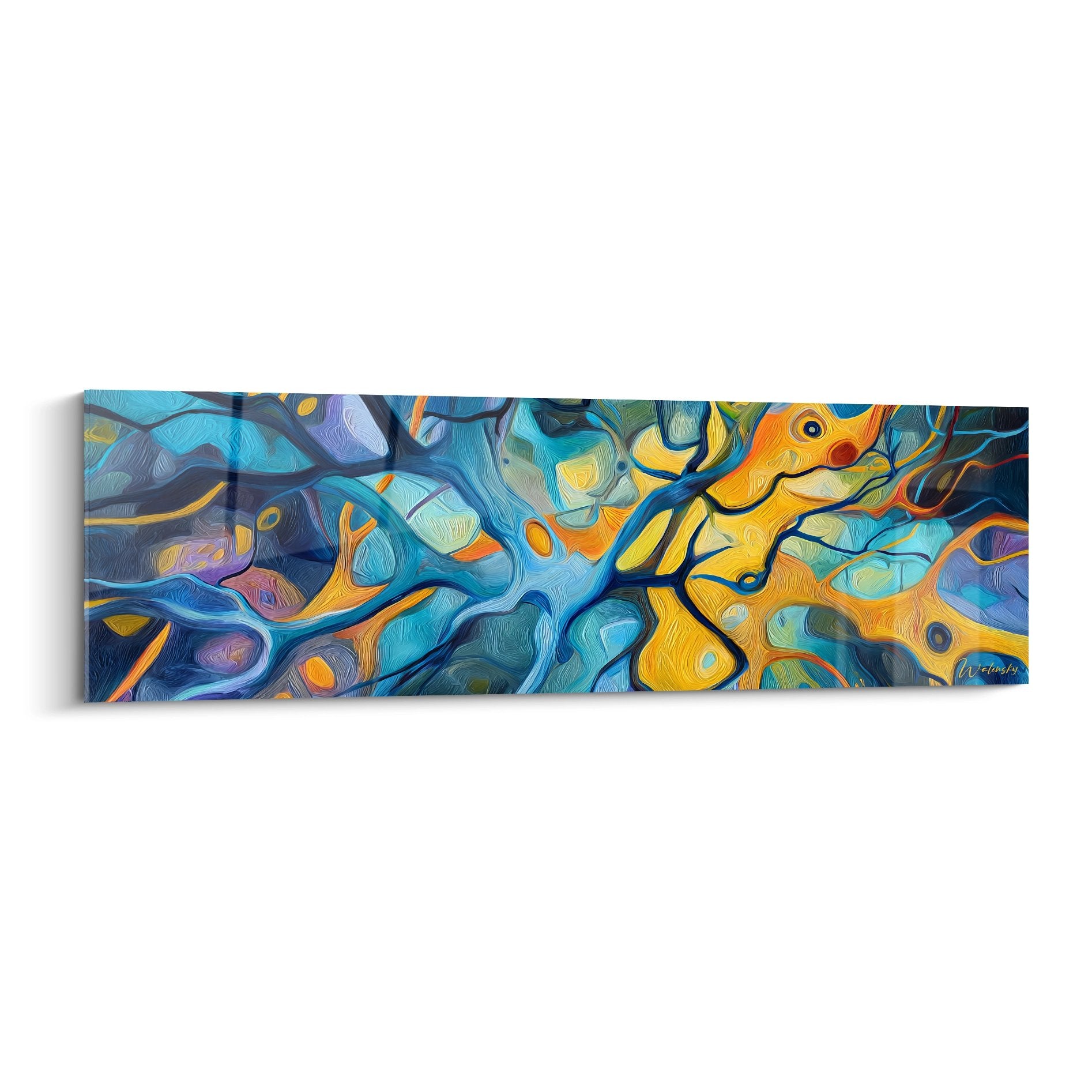 Tableau mural réseau neural abstrait aux couleurs vives bleu orange connexions synaptiques art neuronal