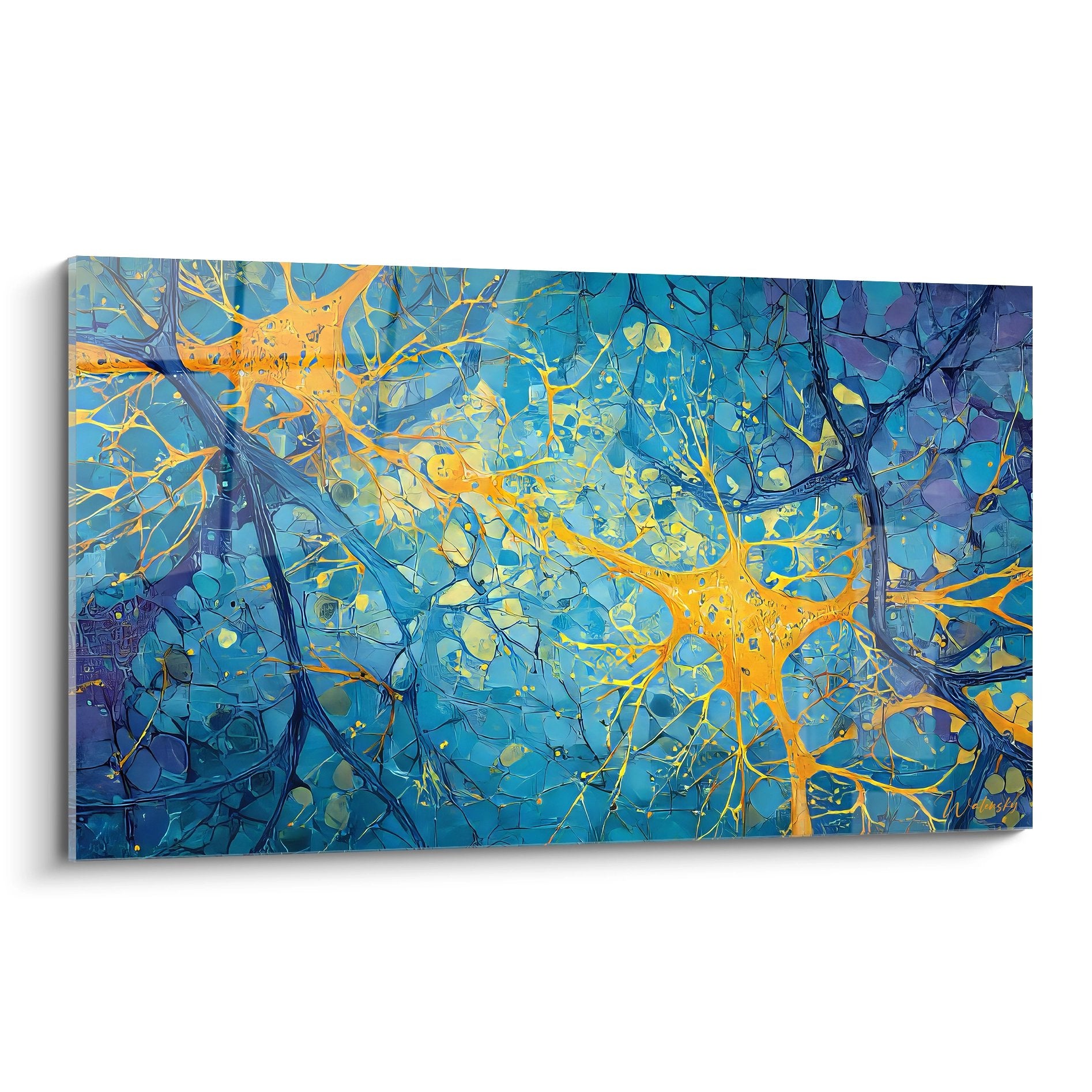 Tableau mural réseau de neurones bleu et orange, connexions synaptiques artistiques modernes