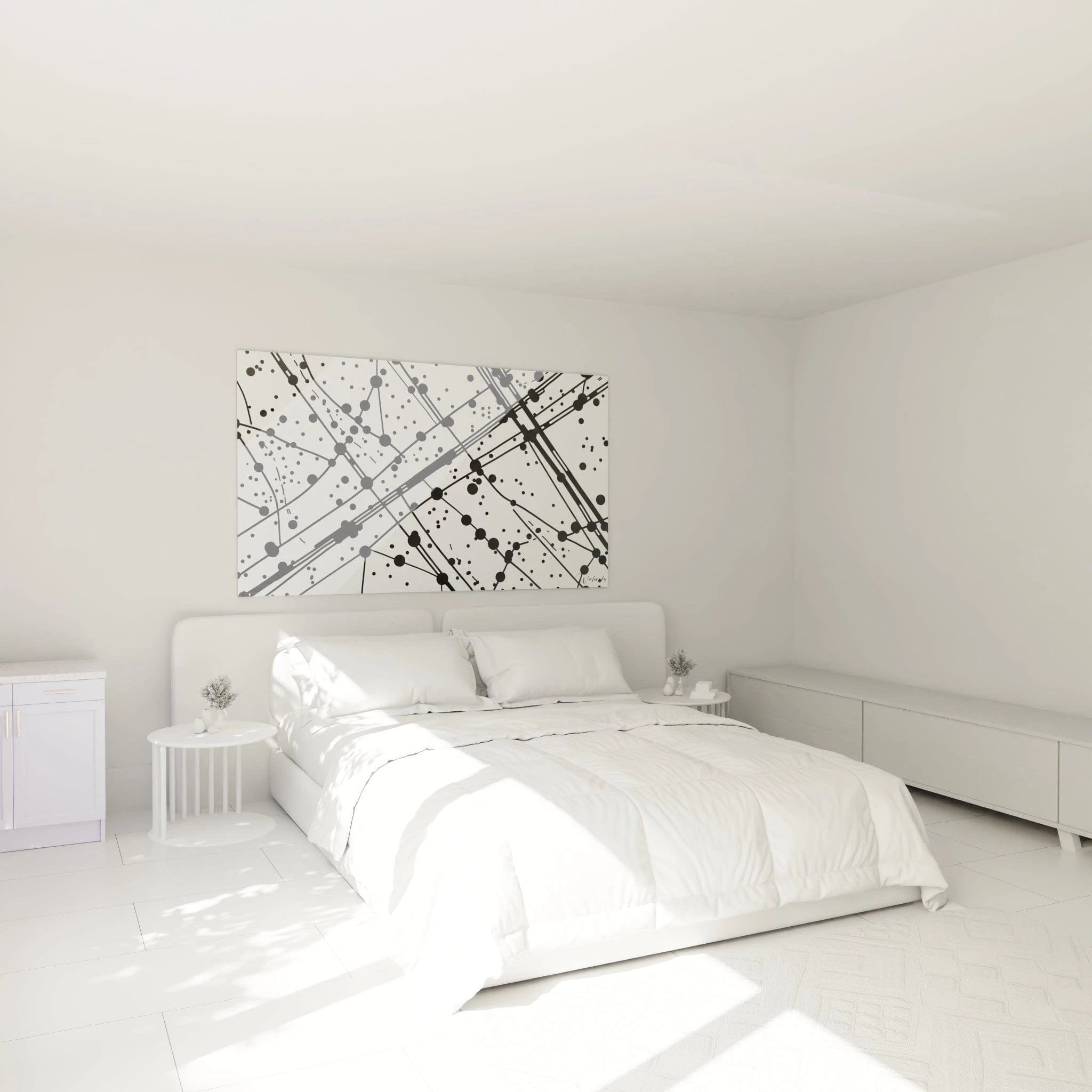 Tableau tacheté noir et blanc Walensky accroché au mur d'une chambre moderne lumineuse