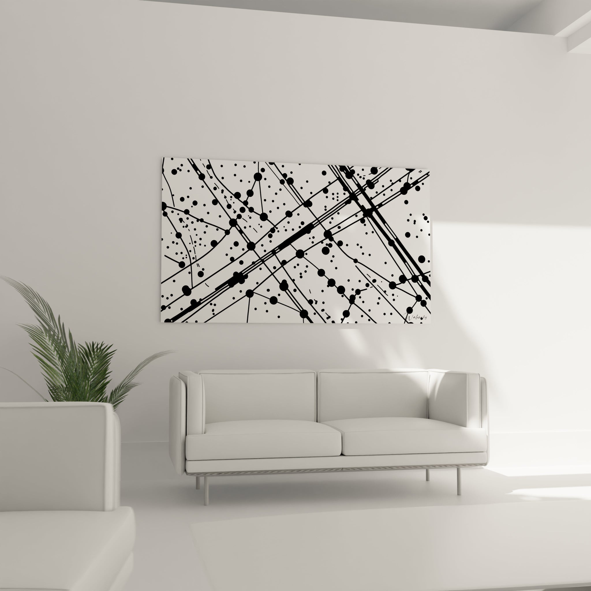 Tableau tacheté noir et blanc de Walensky, parfait pour décorer un salon moderne