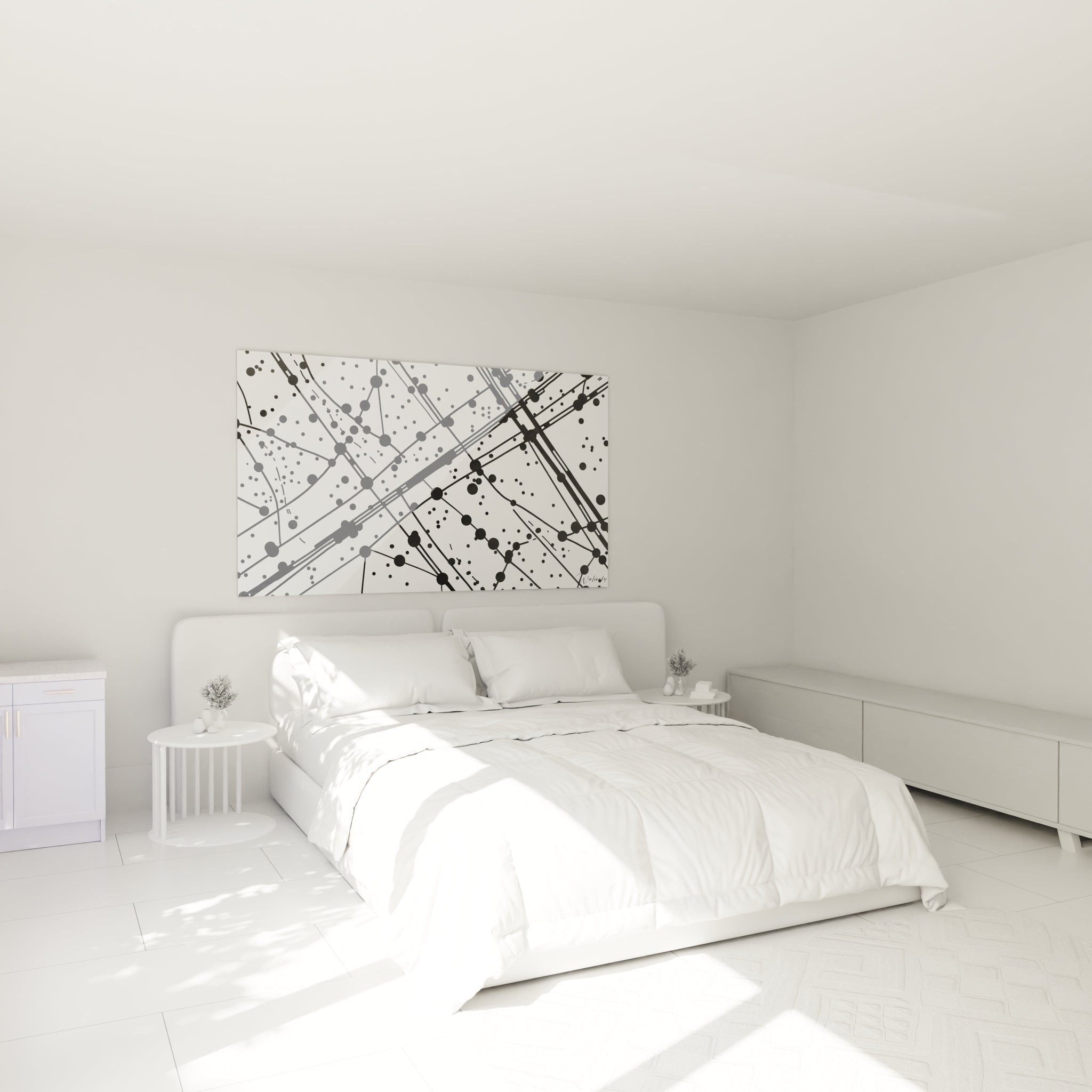 Tableau tacheté noir et blanc Walensky accroché au mur d'une chambre moderne lumineuse