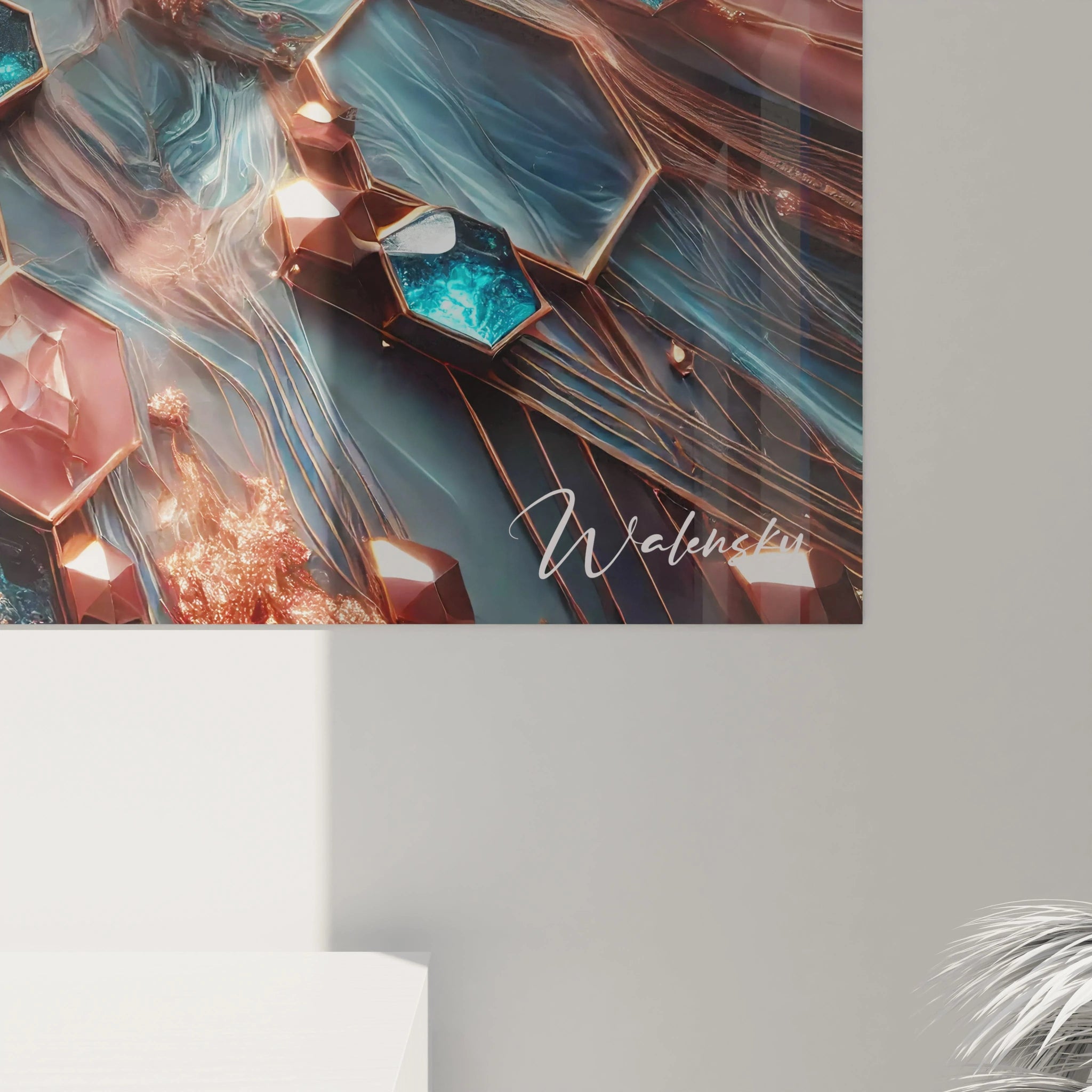 Zoom sur les détails du tableau style epoxy : un mélange de textures cristallines, hexagones dorés et courants fluides bleus qui créent une profondeur hypnotique et une énergie visuelle fascinante.

