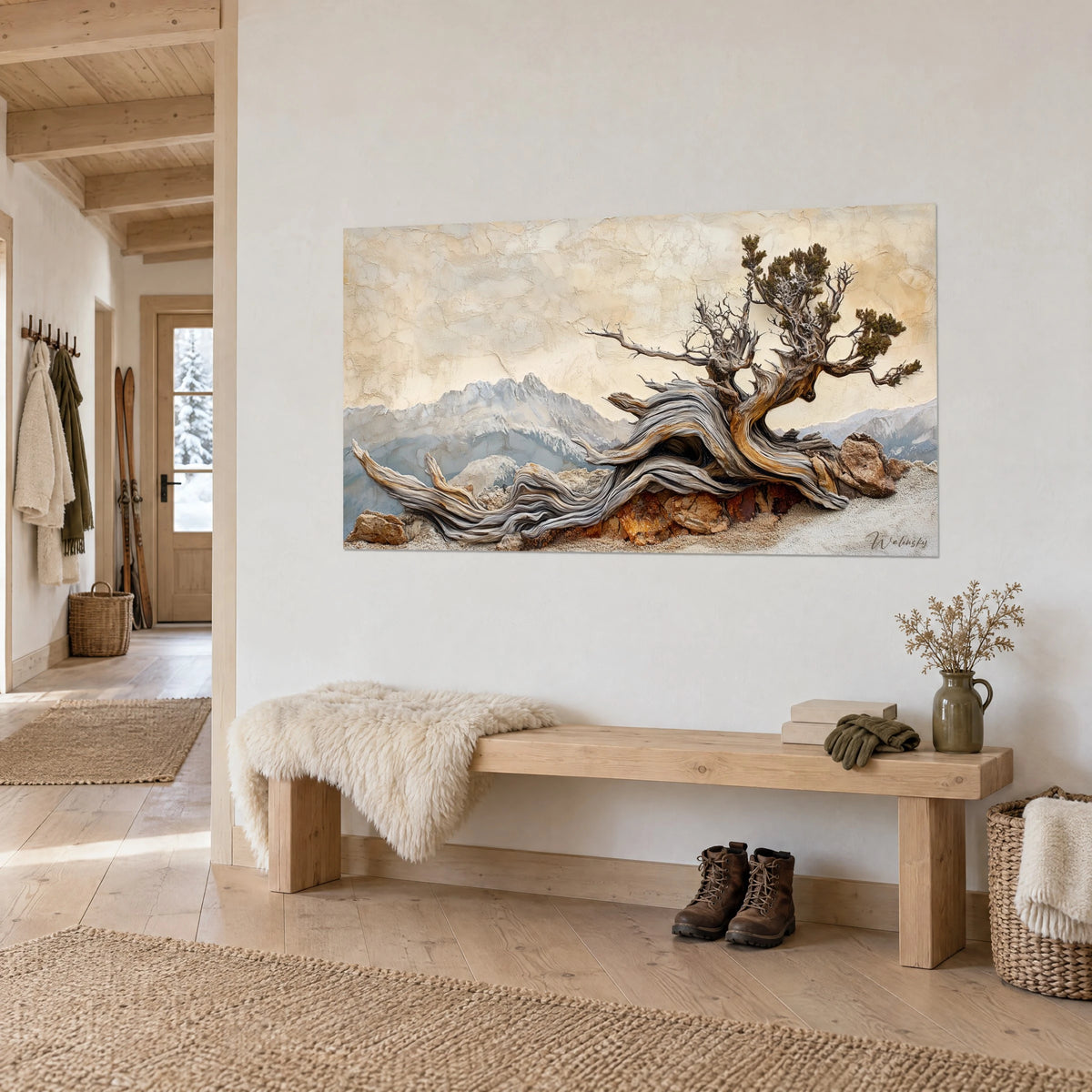 Wall art of a centuries-old tree with roots carved into grey and golden spirals, cracked cream background, on a chalet wall beside a bench