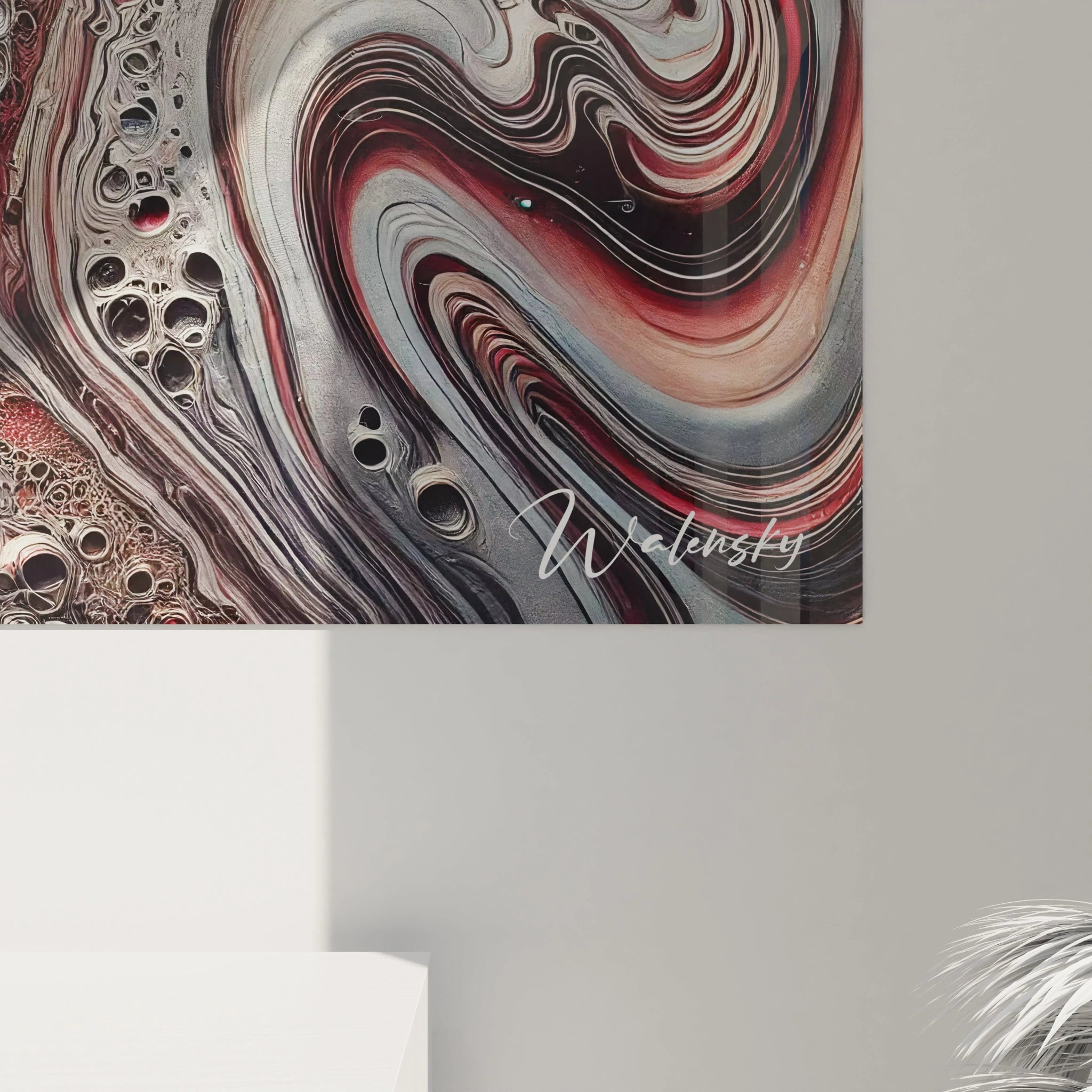 Zoom sur les détails du tableau style epoxy, où les textures tourbillonnantes et les contrastes de couleurs créent un effet de profondeur, rappelant les veines de la terre en fusion.

