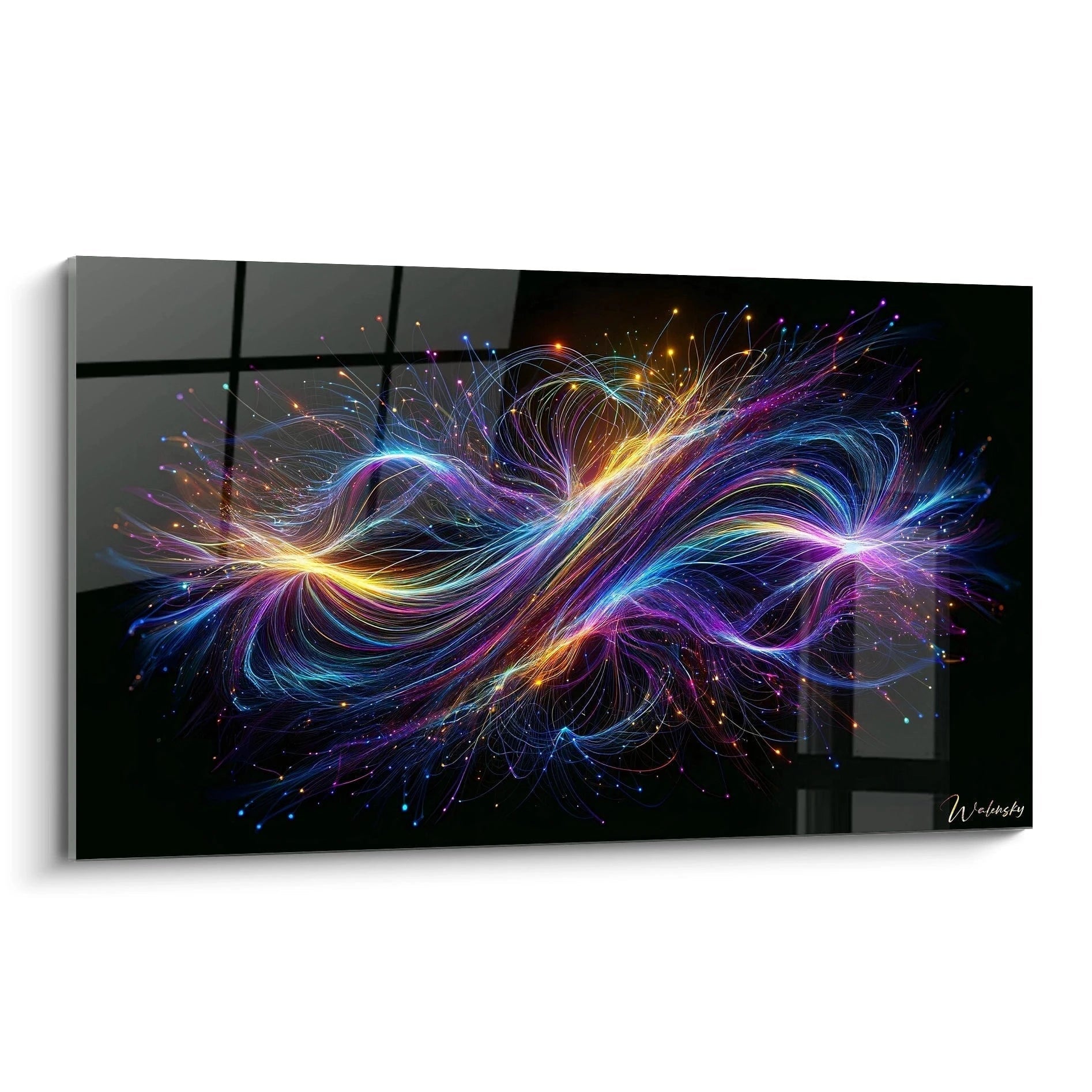 Tableau abstrait représentant une structure lumineuse en forme d'infini. Lignes colorées entrelacées sur fond noir profond avec points lumineux aux intersections. Palette vibrante de bleu électrique, violet, jaune doré et rose fuschia. Composition horizontale avec filaments lumineux formant des nœuds centraux et rayonnant vers l'extérieur.

