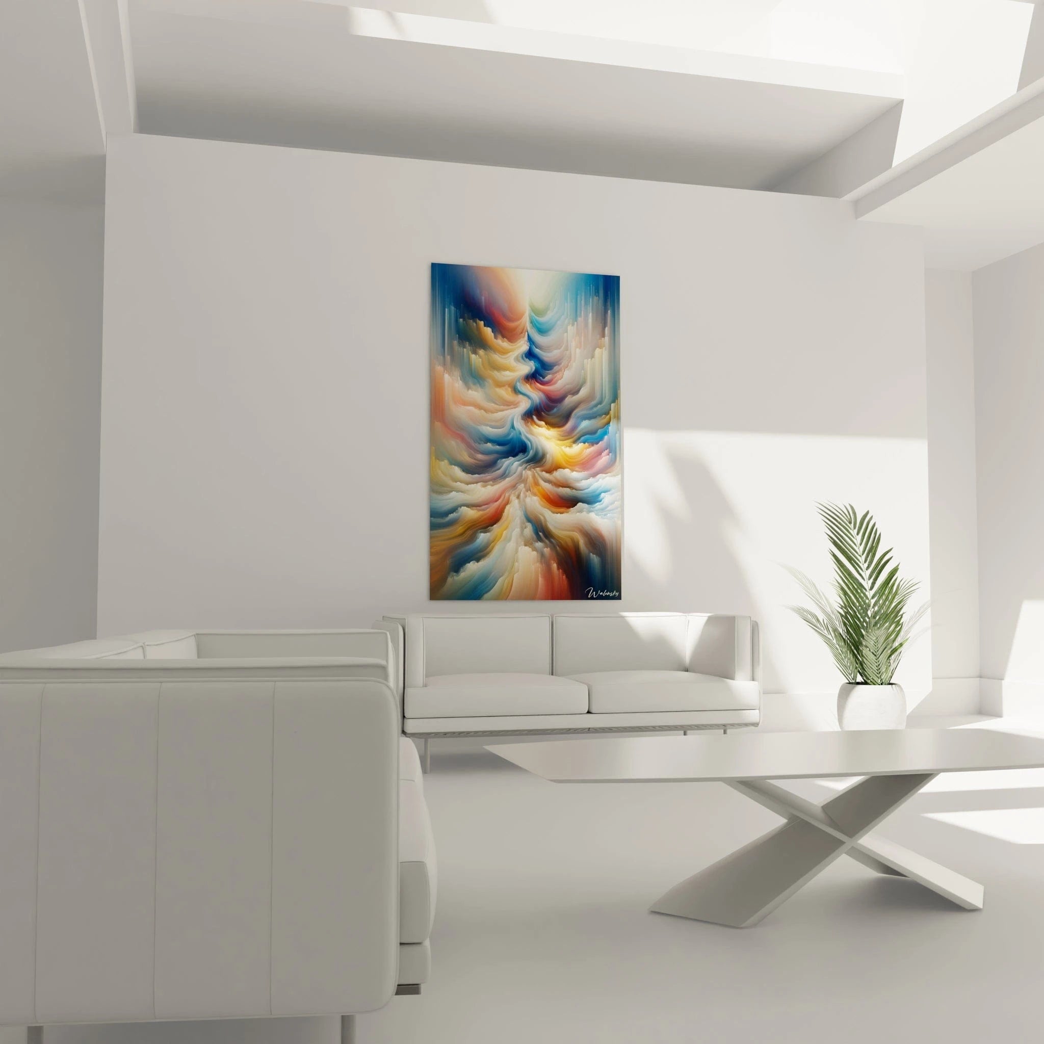 Un tableau abstrait de courants aériens tourbillonnants. Les couleurs principales sont bleu cobalt, crème, ocre et rose pâle. La texture révèle des formes nuageuses étirées qui semblent aspirées vers un point central puis repoussées vers l'extérieur, créant un effet de vortex céleste avec des transitions douces entre les teintes.
