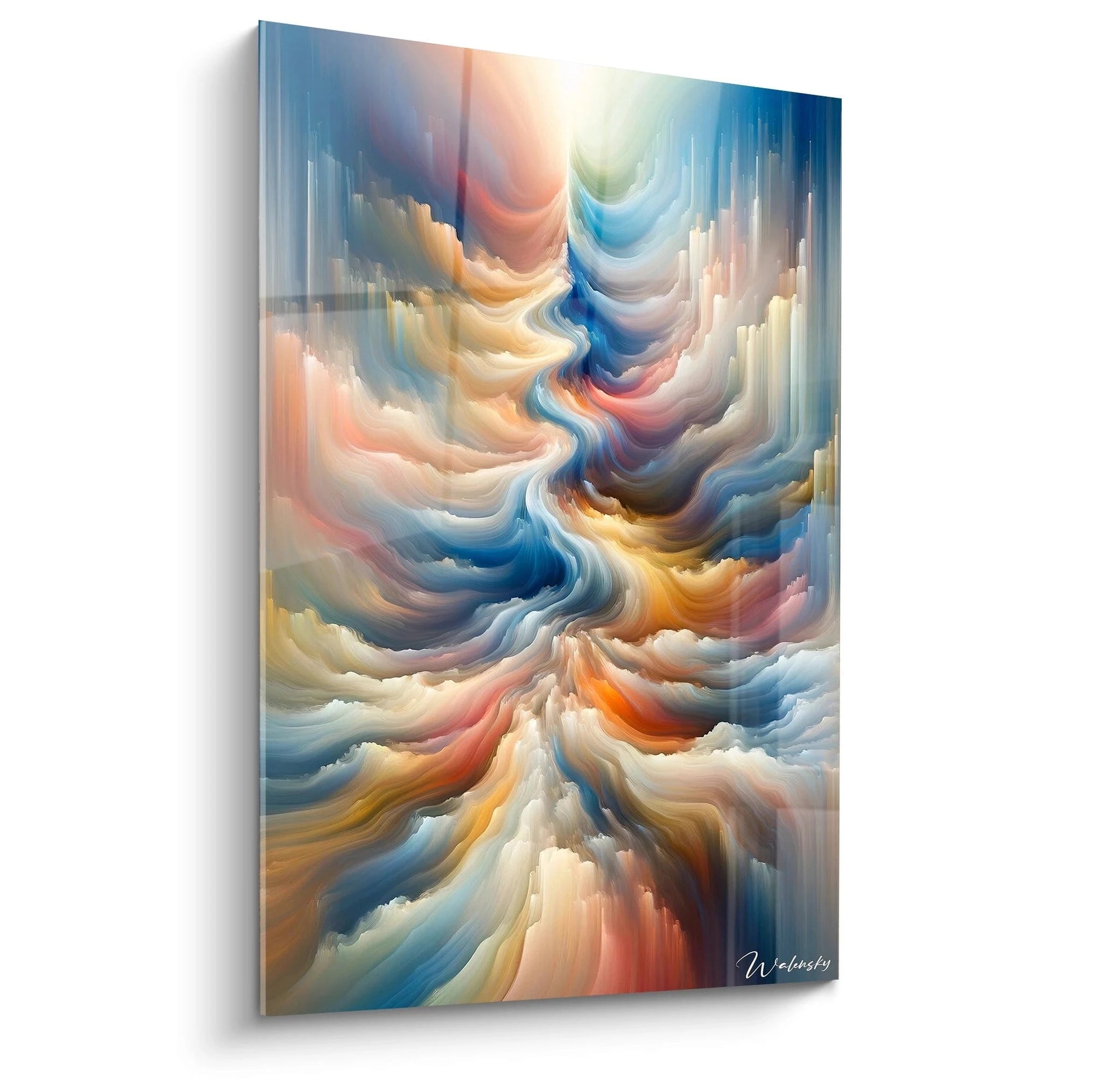 Un tableau abstrait de flux colorés en mouvement dynamique. Dominé par des teintes bleu azur, blanc crème, ocre doré et corail. La texture présente des traînées fluides et ondulantes qui semblent converger vers le centre puis s'en éloigner, créant un effet de tourbillon ou de tunnel avec des couleurs qui se fondent en dégradés doux.
