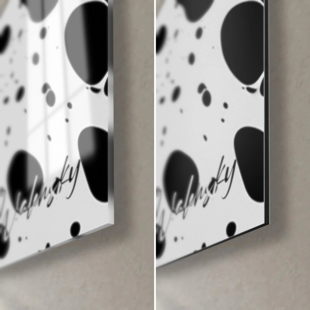 Tableau gouttes d'encre noire sur fond blanc, coin bas droit : verre brillant reflétant, Dibond mat, tranche fine de 3 mm