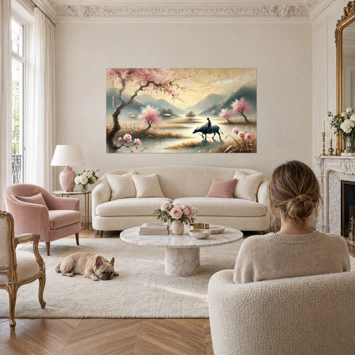 Quadro di un bambino seduto su un bufalo grigio-azzurro in una risaia, ciliegi rosa in fiore, sopra un divano in un soggiorno luminoso