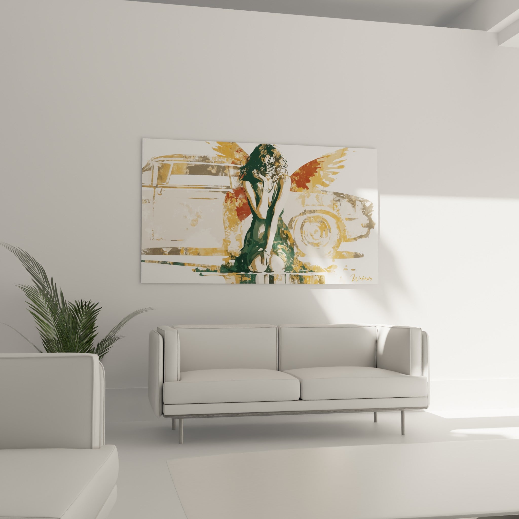 Figure ailée ocre et vert sapin installée au-dessus d'un canapé dans un salon lumineux