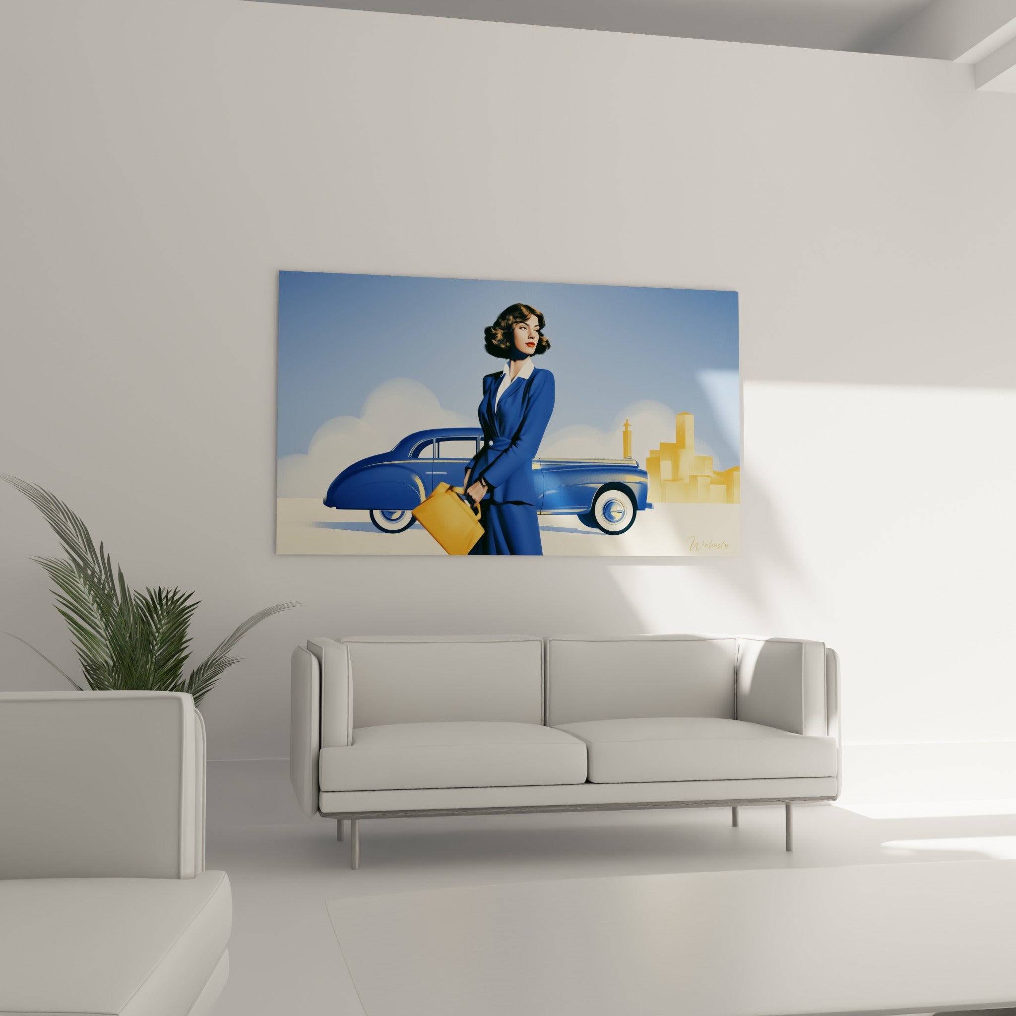 Voyageuse au tailleur bleu et automobile dorée accrochée au-dessus d'un canapé dans un salon lumineux