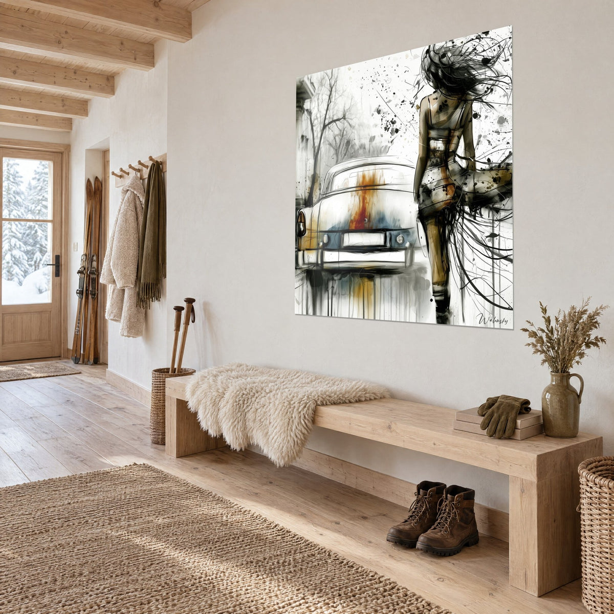 Cuadro de una silueta femenina despeinada con vestido ocre y negro, coche retro gris, salpicaduras de tinta, encima de un banco de madera de estilo chalet