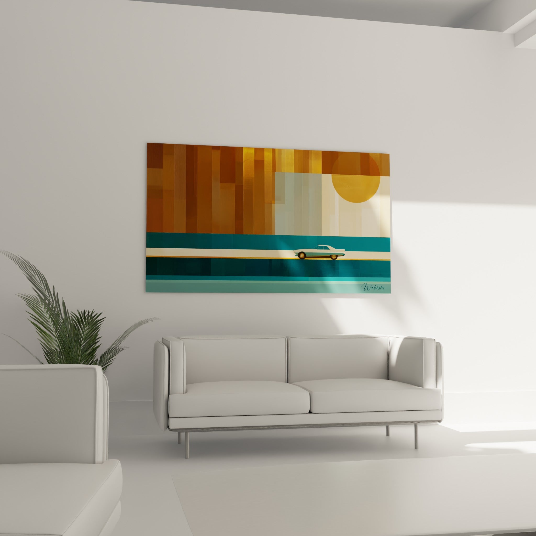 Cabriolet ancien bleu pâle traversant une route bleu pétrole sous un soleil doré, au-dessus d'un canapé dans un salon lumineux
