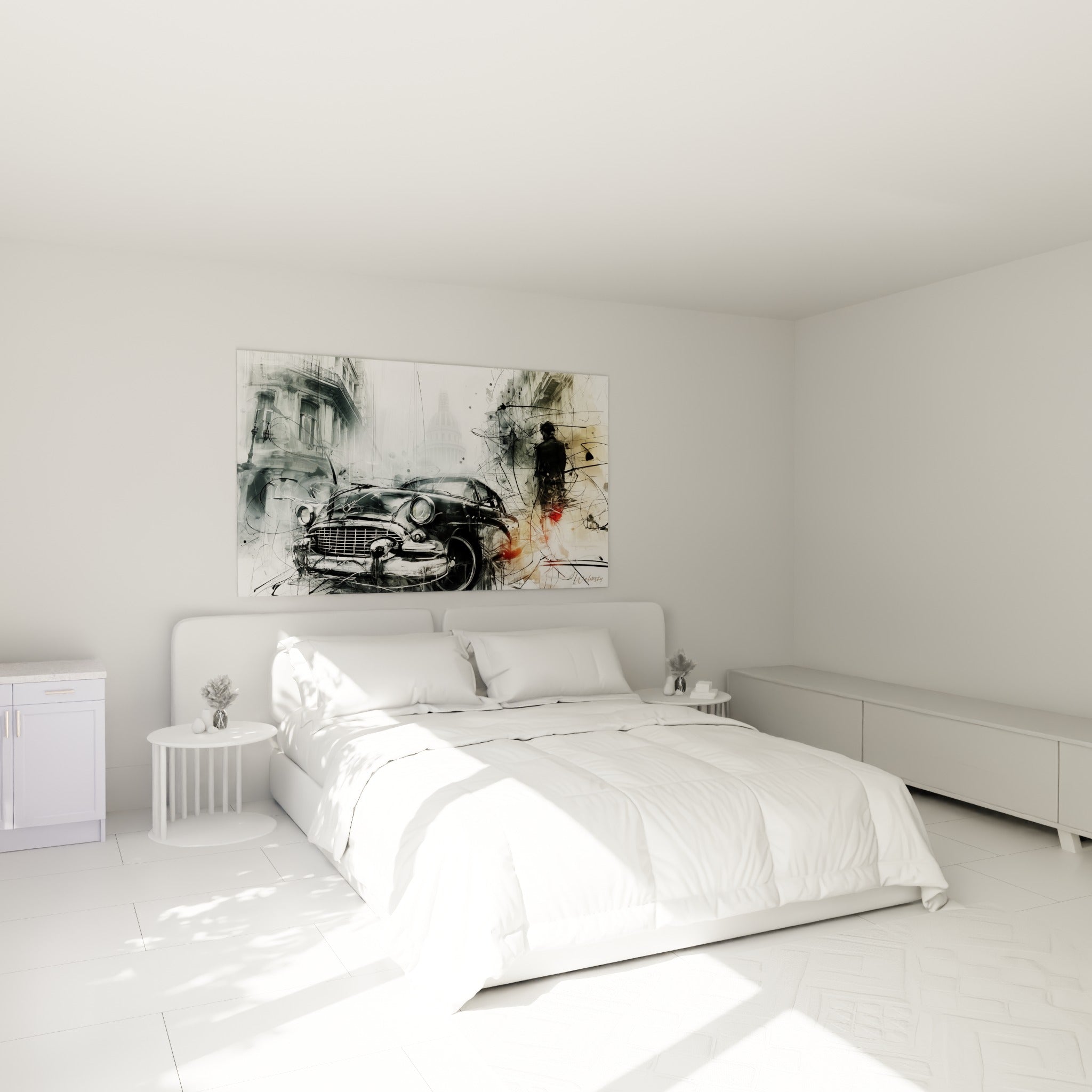 Automobile d'époque noire et grise sur fond esquissé, au-dessus d'un lit dans une chambre claire