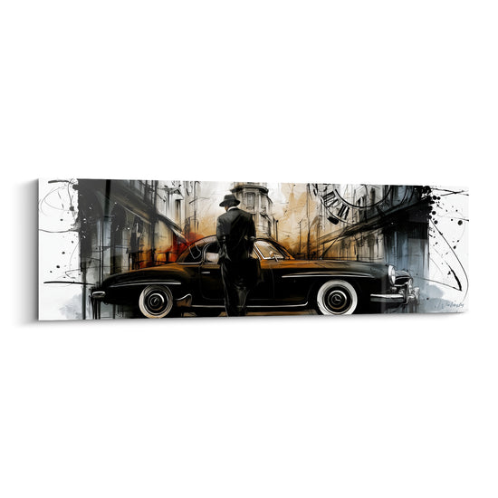 Tableau Automobile noire homme silhouette élégante - Rendez-vous urbain - Edition Rétro