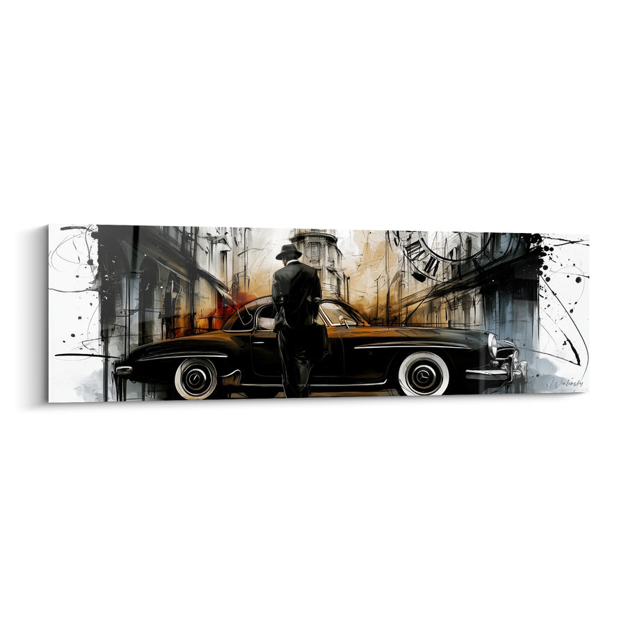 Tableau Automobile noire homme silhouette élégante - Rendez-vous urbain - Edition Rétro